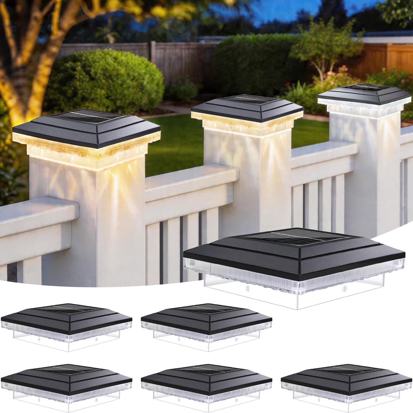 ROMANJOY 4x4 Solar Post Cap Lights Outdoor Waterproof, Cool/Neutral/Warm White 3 Colors Garden Fence Lights for 4×4 Wood/Vinyl Posts, Deck, Patio, Ripple Effects, 6 Pack
