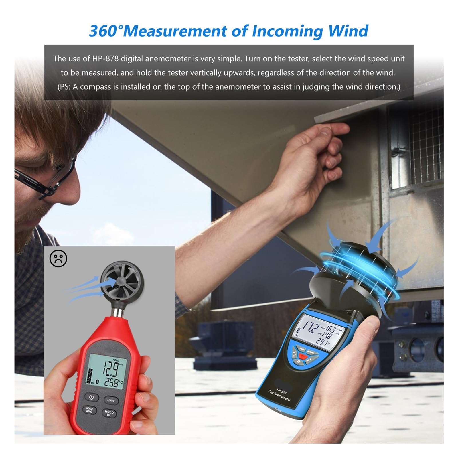 Anemometry, Anemometr kubkowy ręczny, pomiar wielokierunkowy 360°, narzędzia do pomiaru prędkości wiatru, do windsurfingu