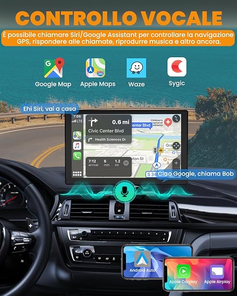 Carplay Auto, 9" Android Auto Wireless, Autoradio Bluetooth con Schermo con 1080P Telecamere Posteriori e Anteriori, Navigazione GPS, Controllo Vocale a Mani Libere, Mirror Link, AUX, FM - 5
