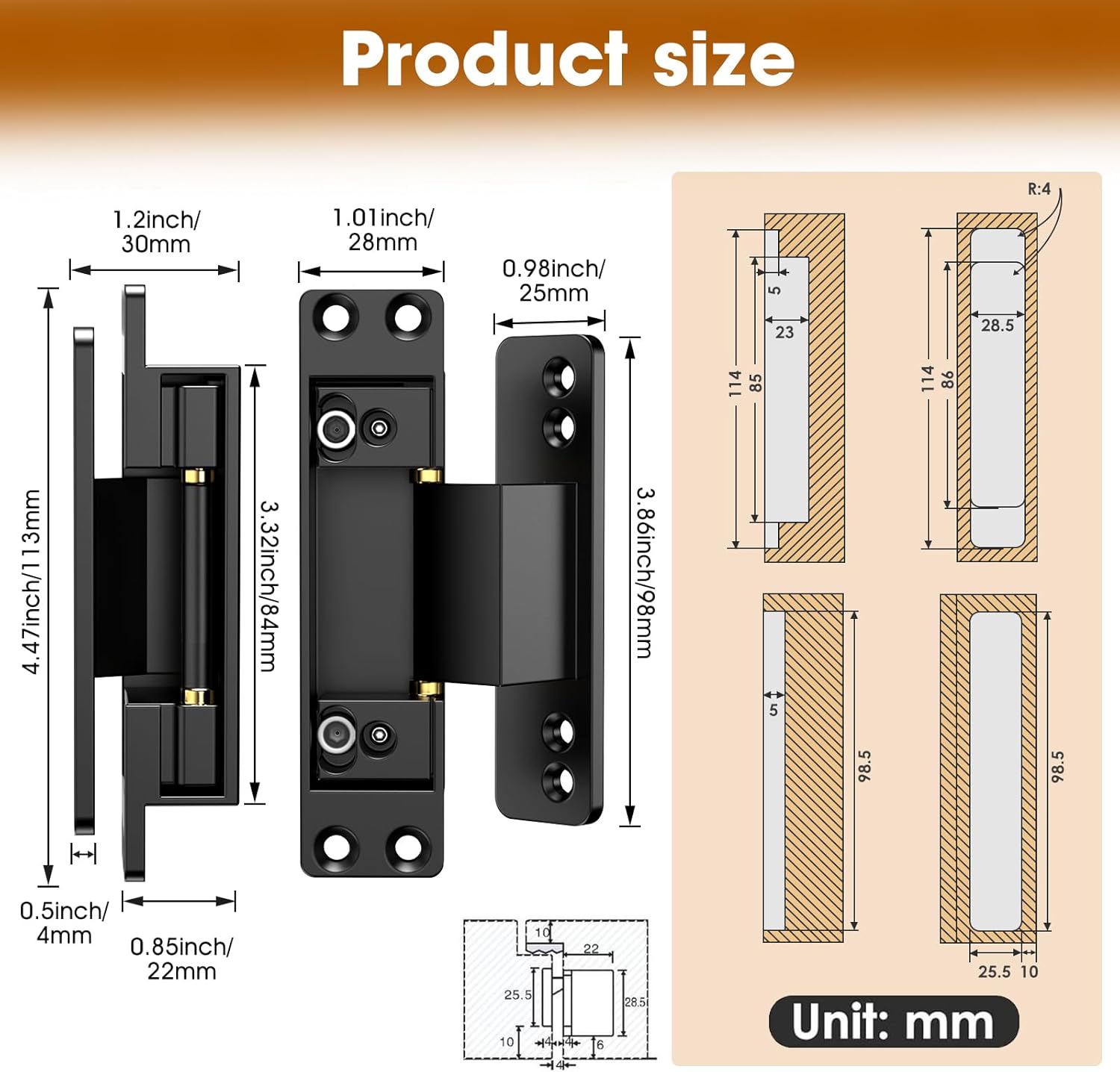 4.5" Hidden Door Hinge/Concealed Hinges,Invisible Hinges,Invisible Door Silent Door Hinge 110 Degree Swing Hinge 2-Way Adjustable Butt Hinge 4.5 x 2 x 1 (2, Black)