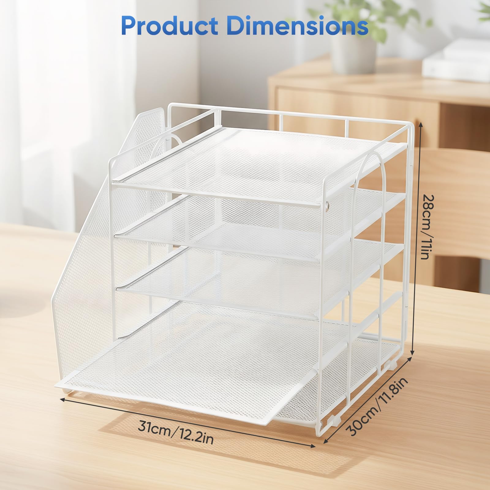 Organizzatore da scrivania a 5 livelli con cassetto – Portariviste verticale per documenti A4 e portariviste per home office e ufficio, bianco