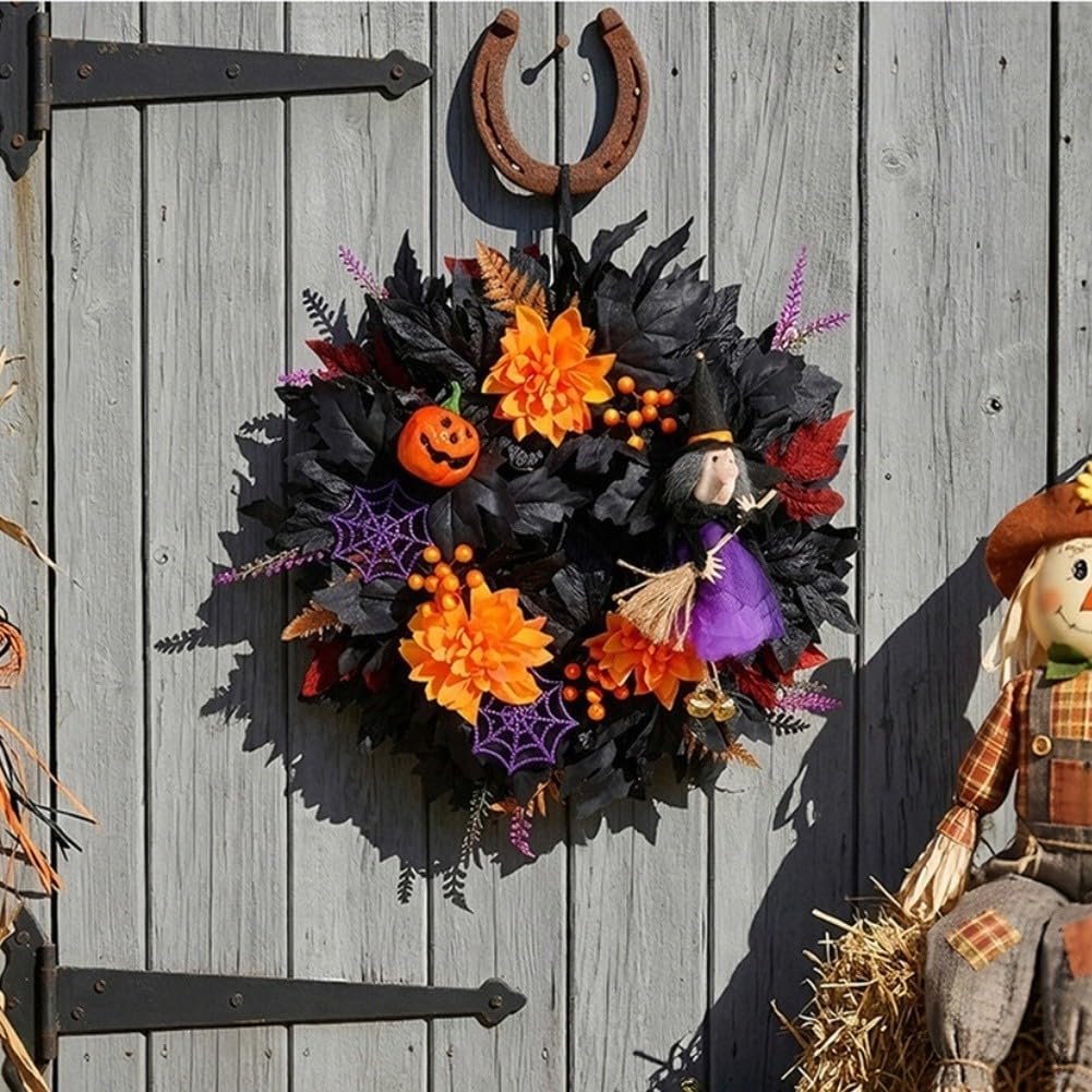 Świąteczny wieniec na drzwi Halloween z dynią czarownicy