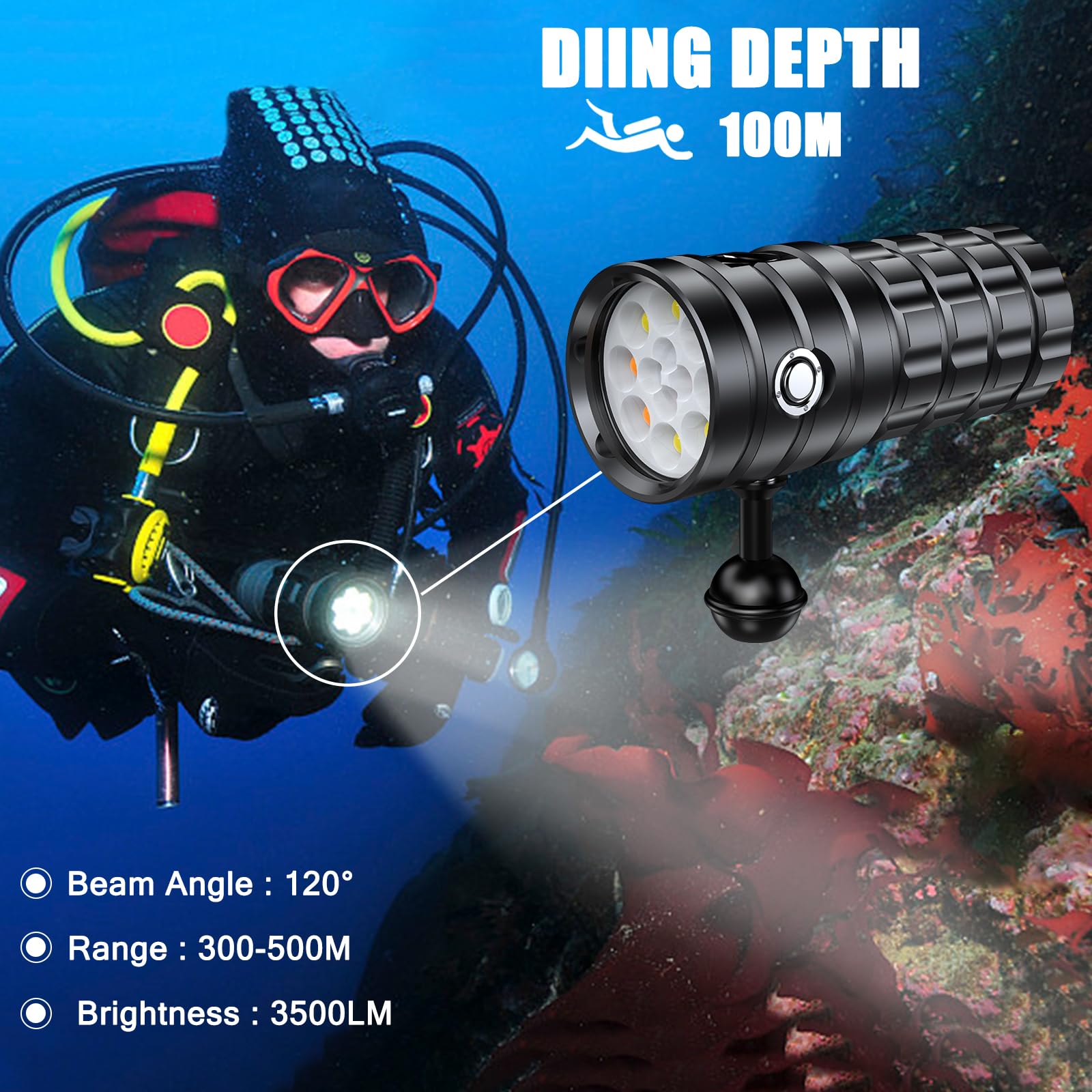 Lampe de plongée pour photographie sous-marine, 25 000 lumens, lampe de poche de plongée super lumineuse, étanche à 100 m, lumière vidéo sous-marine avec charge de type C, professionnelle pour