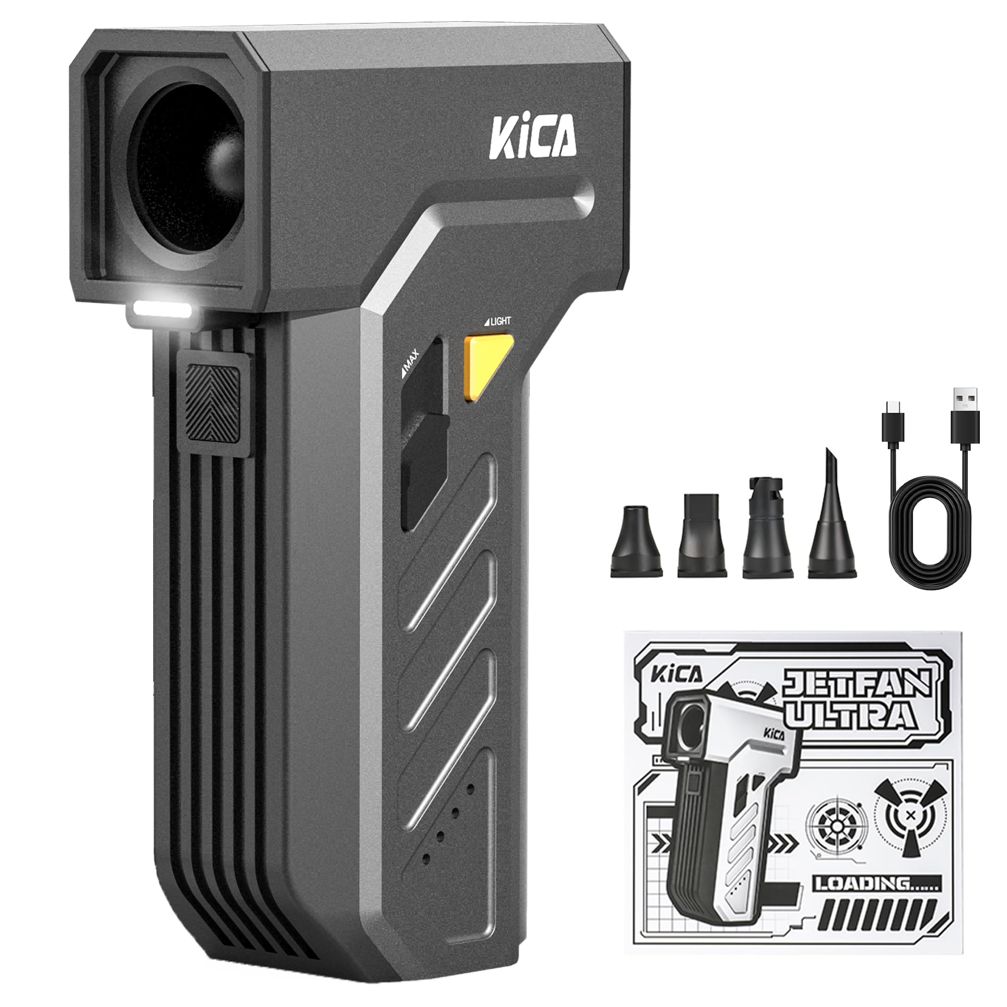 Kica Jet Fan Ultra Compressed Air Duster, 130,000 RPM Electric Air Duster | 48m/s Airflow, Stepless Speed Control & Turbo, 4 Magnetic Nozzles, Dual LED Light, USB-C Rechargeable for PC, Car & Keyboard
