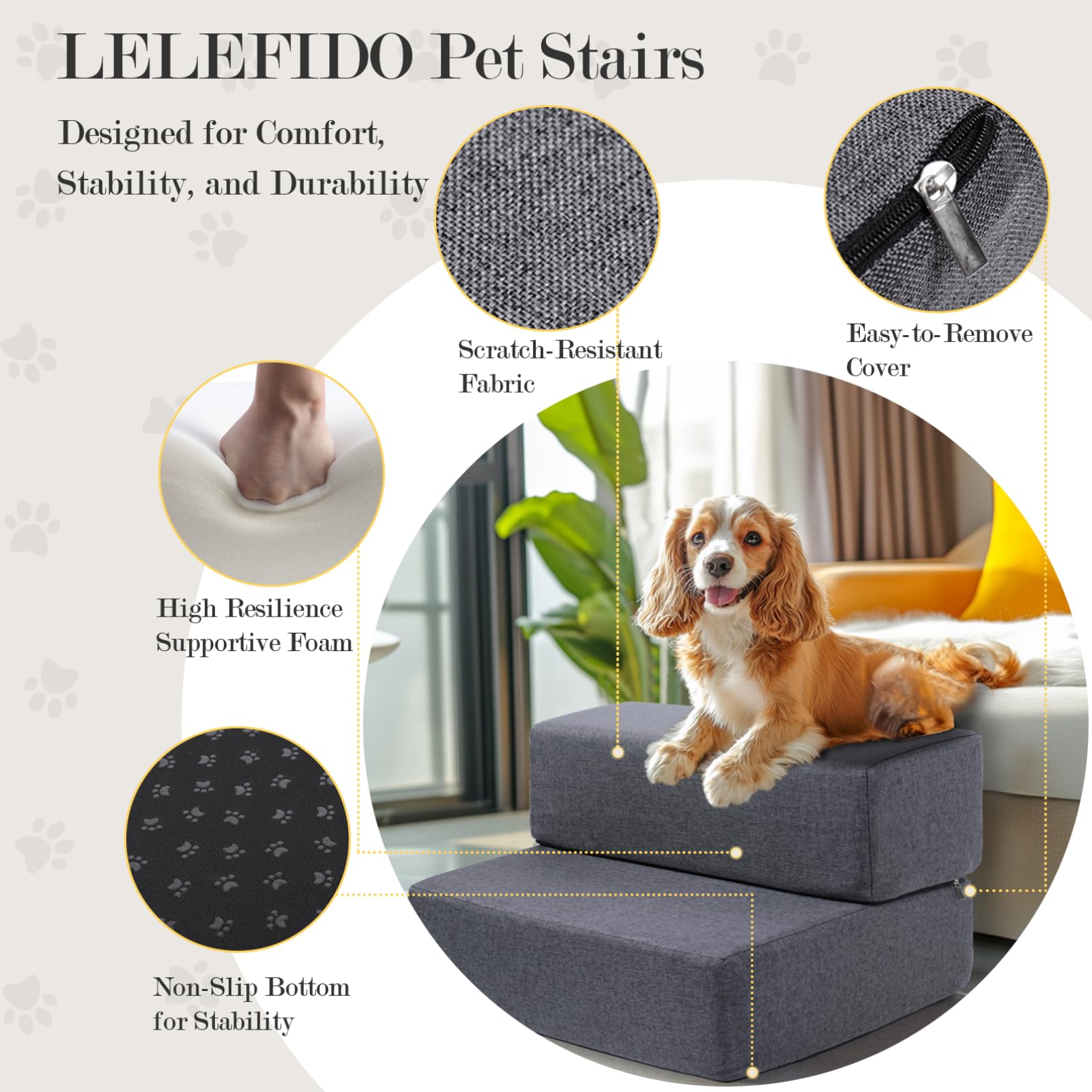 Scaletta per cani di piccola taglia, altezza 30,5 cm, modulare, a 2 gradini, per letto e divano, antiscivolo, per interni, per gatti, gradini per animali domestici con rivestimento lavabile, grigio