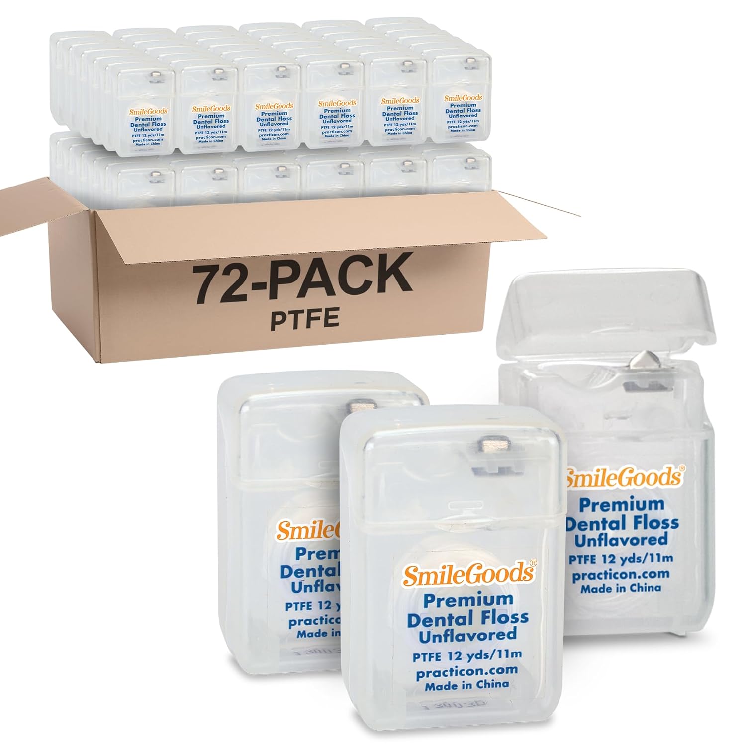 SmileGoods Premium PTFE Dental Floss, 12 yds, Mint, Bulk Pack of 72