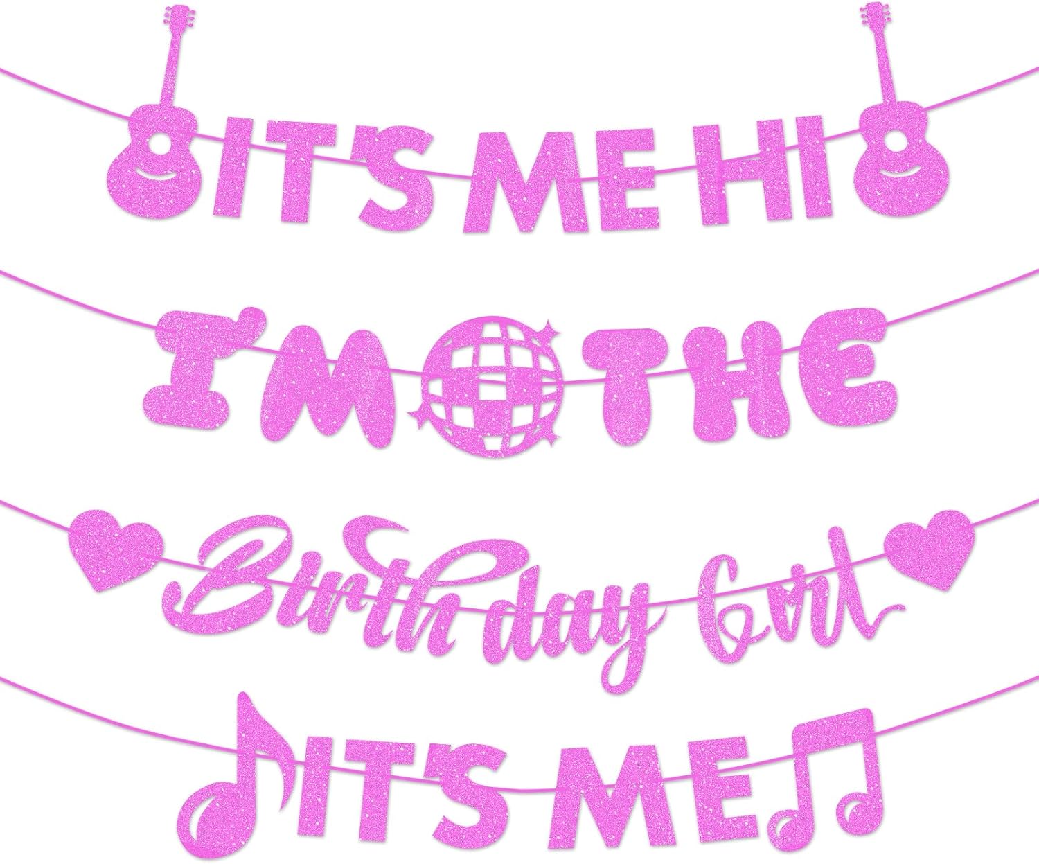 Glittery 'It's Me Hi I'm The Birthday Girl' Banner - Pre-Assembled Music-Themed Sparkling Garland Decoration, Hanging Paper Sign for Birthday Party Supplies, Photo Background for Wall, Mantel (Pink)