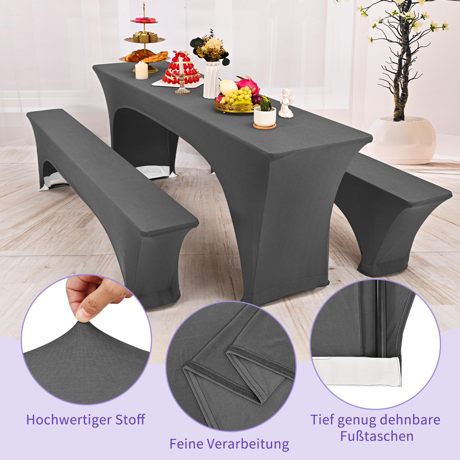 Showgeous 3 Stück dunkelgraue Biertischhussen Stretch-Biertisch- und Hockerhussen-Set für 50 cm Tischbreite Bierzelt-Set 220 x 50 x 80 cm für Bankett-Gartenmöbel im Freien (6er-Pack)