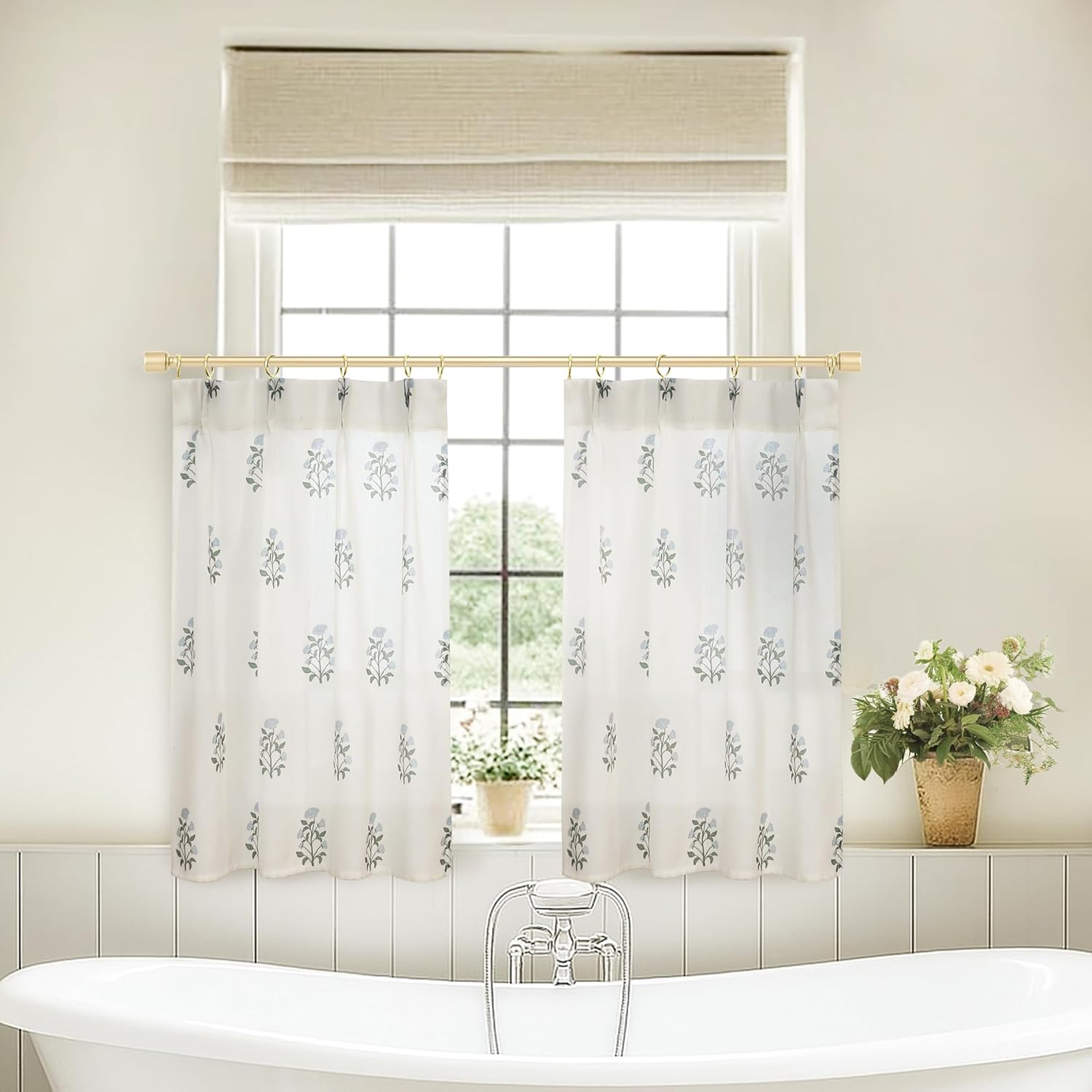 Lino Rosa Farmhouse Kitchen Curtains 36 Inch Length,Cafe Pinch Pleated Curtains,Blue and Green Block Print Vintage Boho Floral Linen Sheer Short Curtain for Small Window Cortinas para Cocina