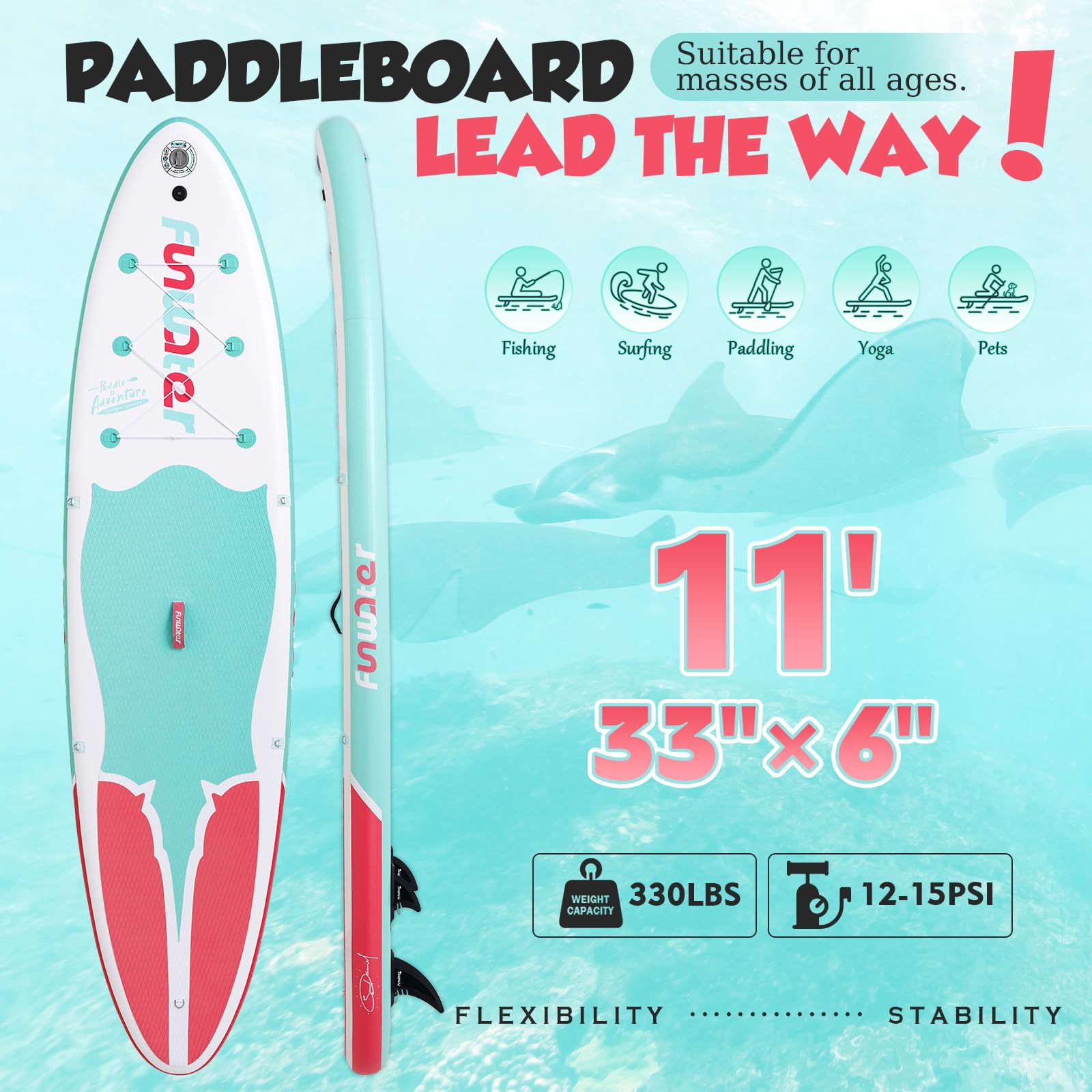 FunWater Tabla de Surf Hinchable de Pie, Sup con Remo Ajustable, Bomba, Mochila de Viaje, Correa de Seguridad y Funda Impermeable para Teléfono Móvil