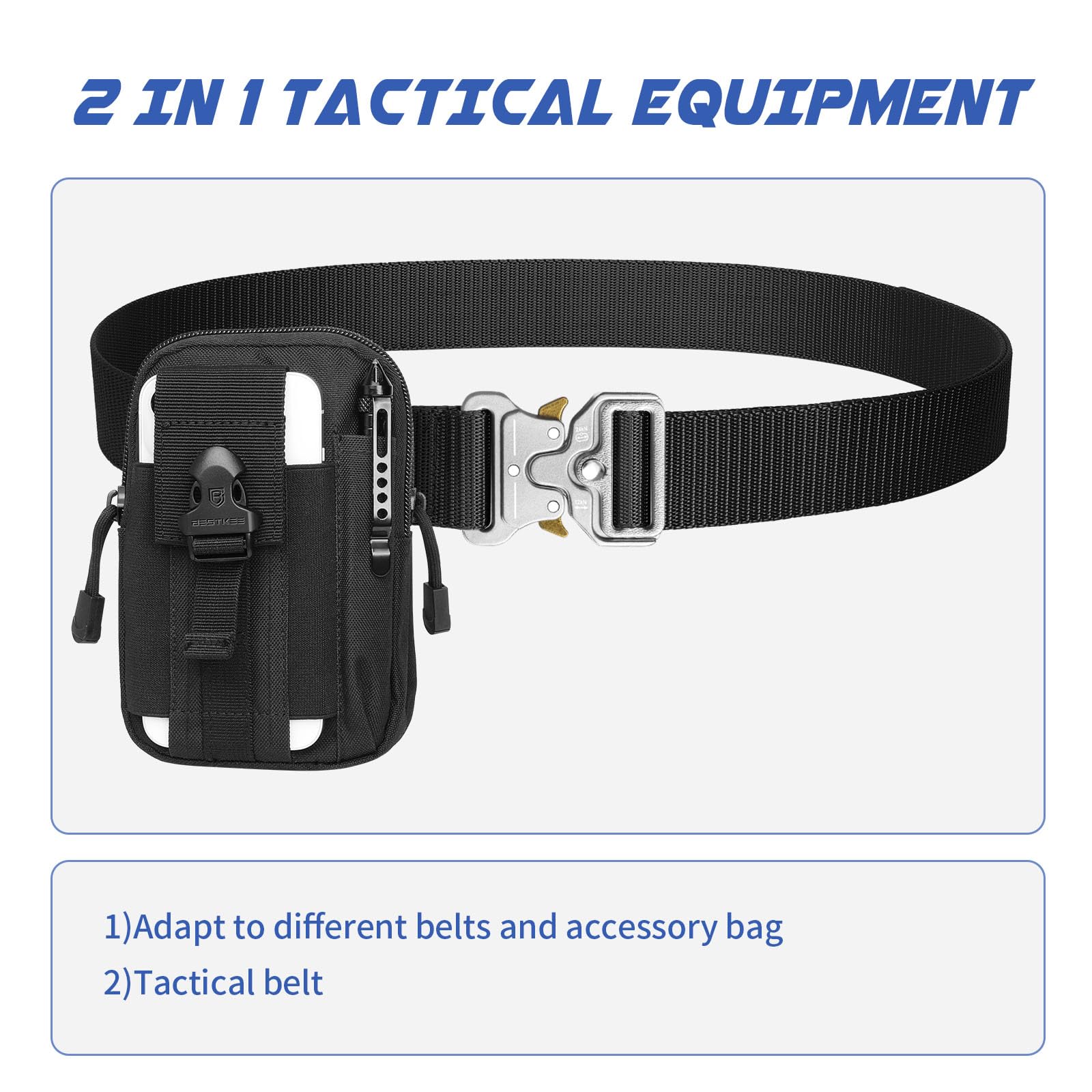 BESTKEE Pasek taktyczny, wojskowy pasek roboczy, 3,8 cm, wytrzymały nylon, czarny pasek z szybkim zapięciem, metalowa klamra, prezent z taktycznym workiem Molle i haczykiem, do polowania na świeżym