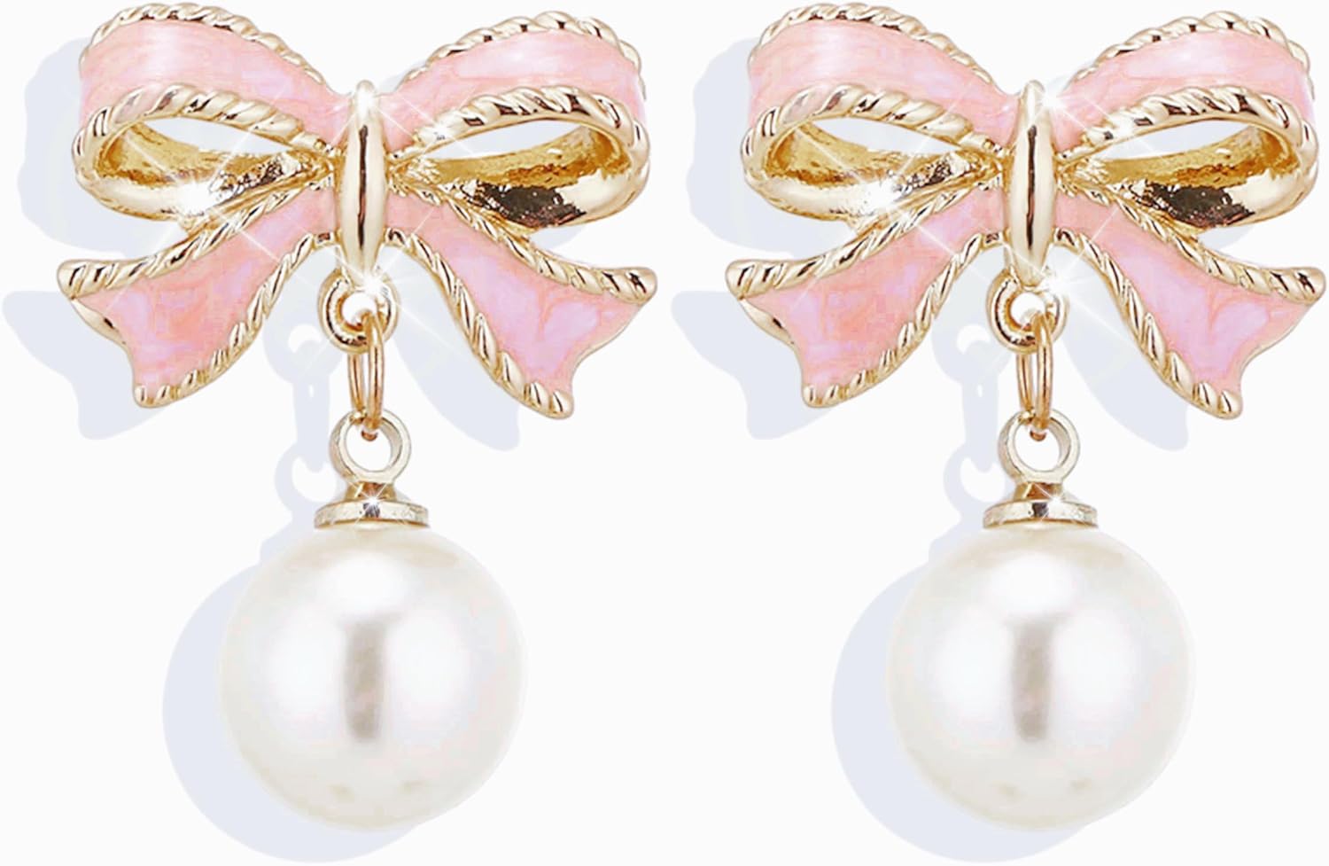 Gold pearl bow earrings trendy pink coquette drop stud ribbon