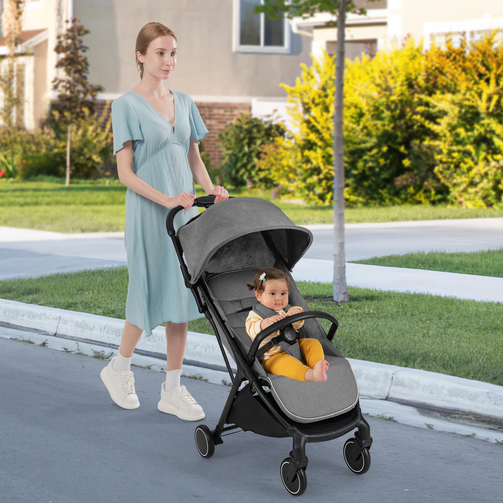 LIFEZEAL Wózek dziecięcy, składany, wózek dziecięcy z regulowanym oparciem, dla dzieci w wieku 1-3 lat, obciążenie do 15 kg, daszek przeciwsłoneczny i okna, kosz (szary + czarny)