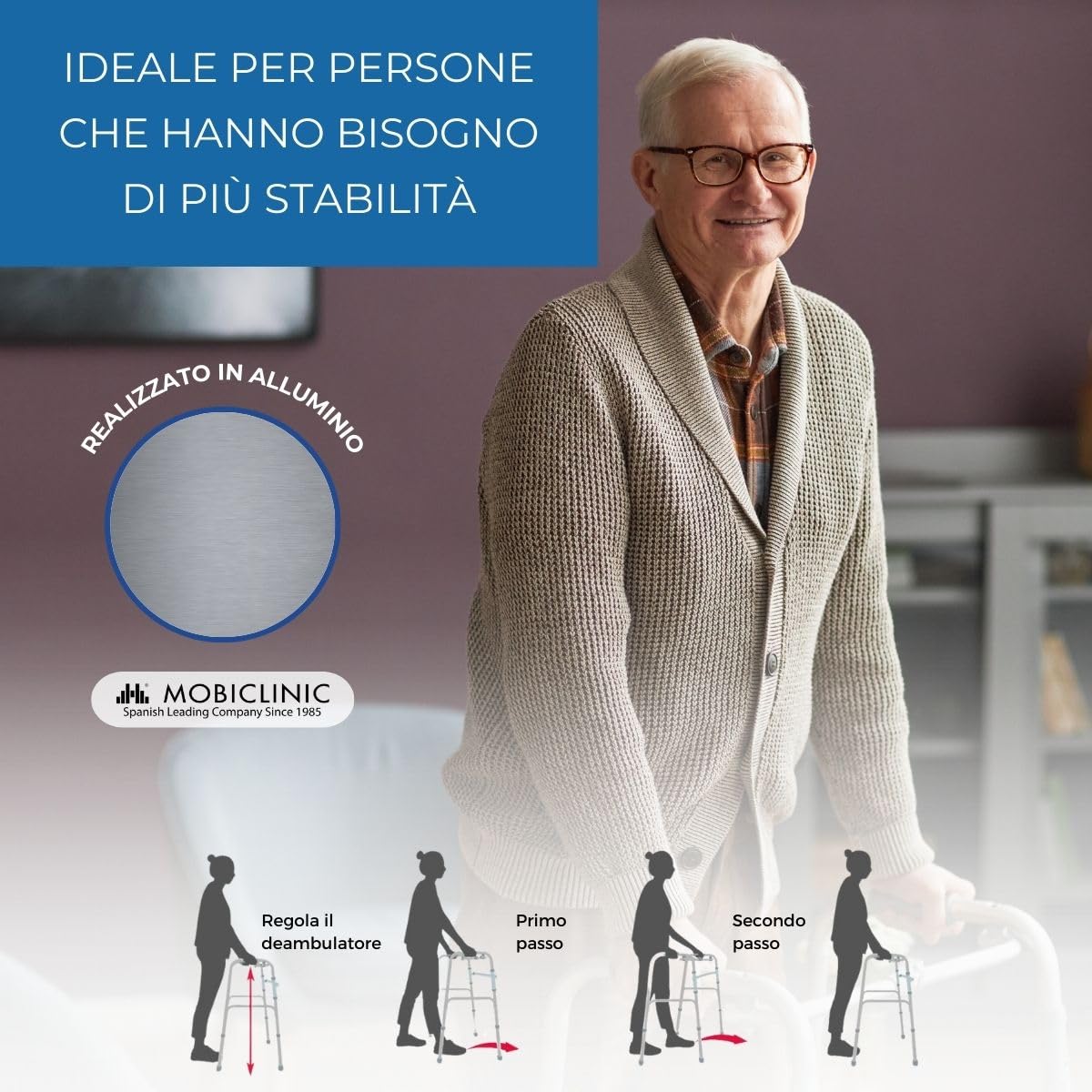 Mobiclinic®, Deambulatore per anziani, Leggero, Pieghevole, Senza ruote, Puntale antiscivolo, Carrello camminare, Fabbricato in alluminio, Modello columna, Marchio europeo, Colore grigio
