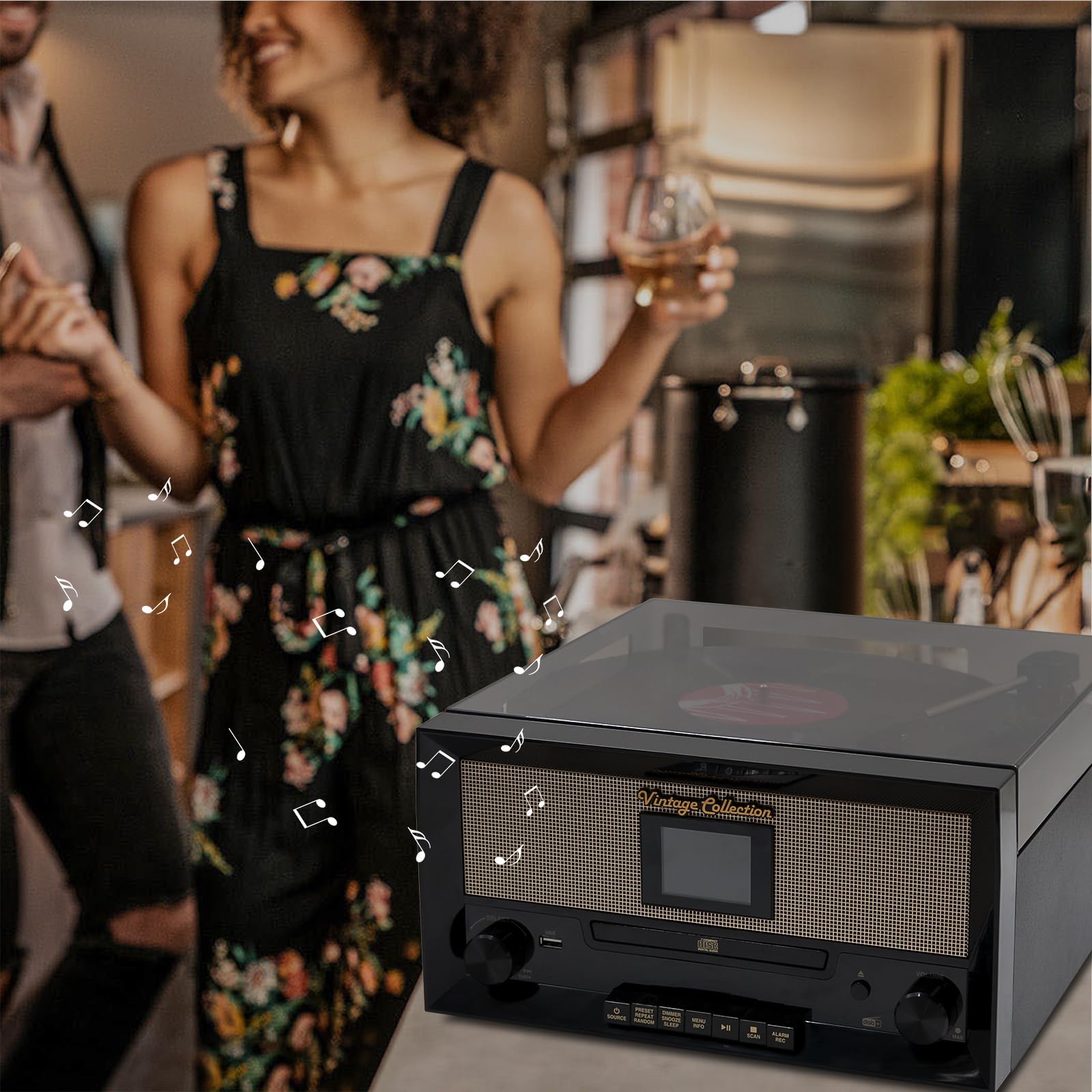 Tocadiscos con altavoces estéreo dobles integrados, tocadiscos de vinilo inalámbrico 9 en 1 de 3 velocidades con disco CD, combo de radio PLL FM/DAB, reproducción y grabación USB, conector para