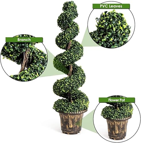 Miniatura 5 de HAPPYGRILL Juego de 2 árboles artificiales de boj en espiral, plantas de vegetación falsas de 4 pies con maceta de plástico, árboles topiarios
