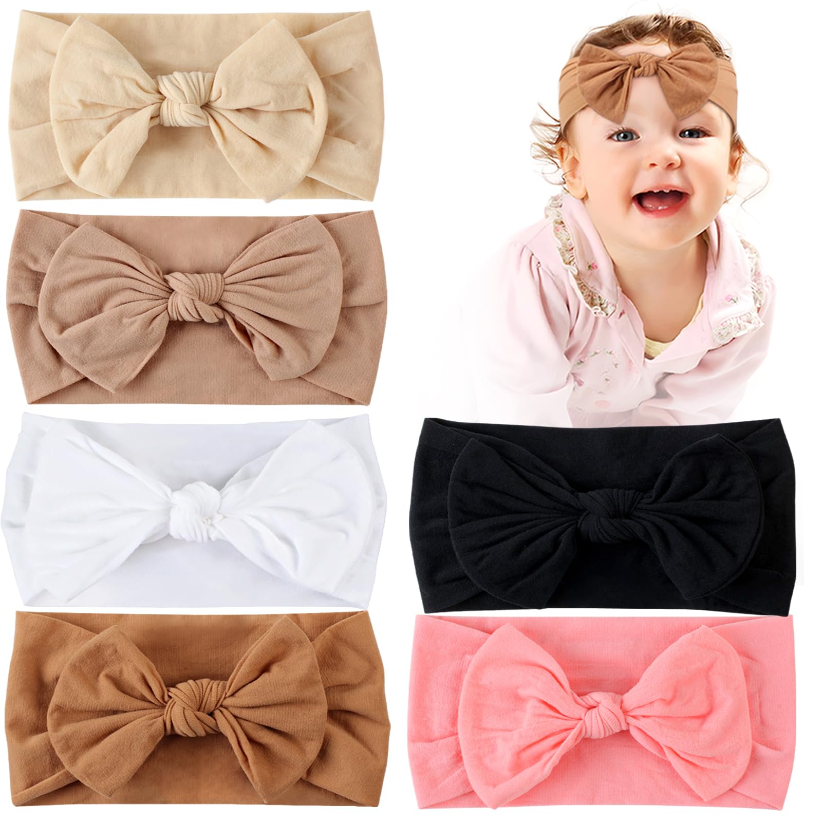 Juego de 6 diademas con lazo para bebé de Vivinin, súper elásticas y suaves, de nailon, con lazo, accesorio para el cabello para recién nacidos, bebés y niños pequeños, colores variados.