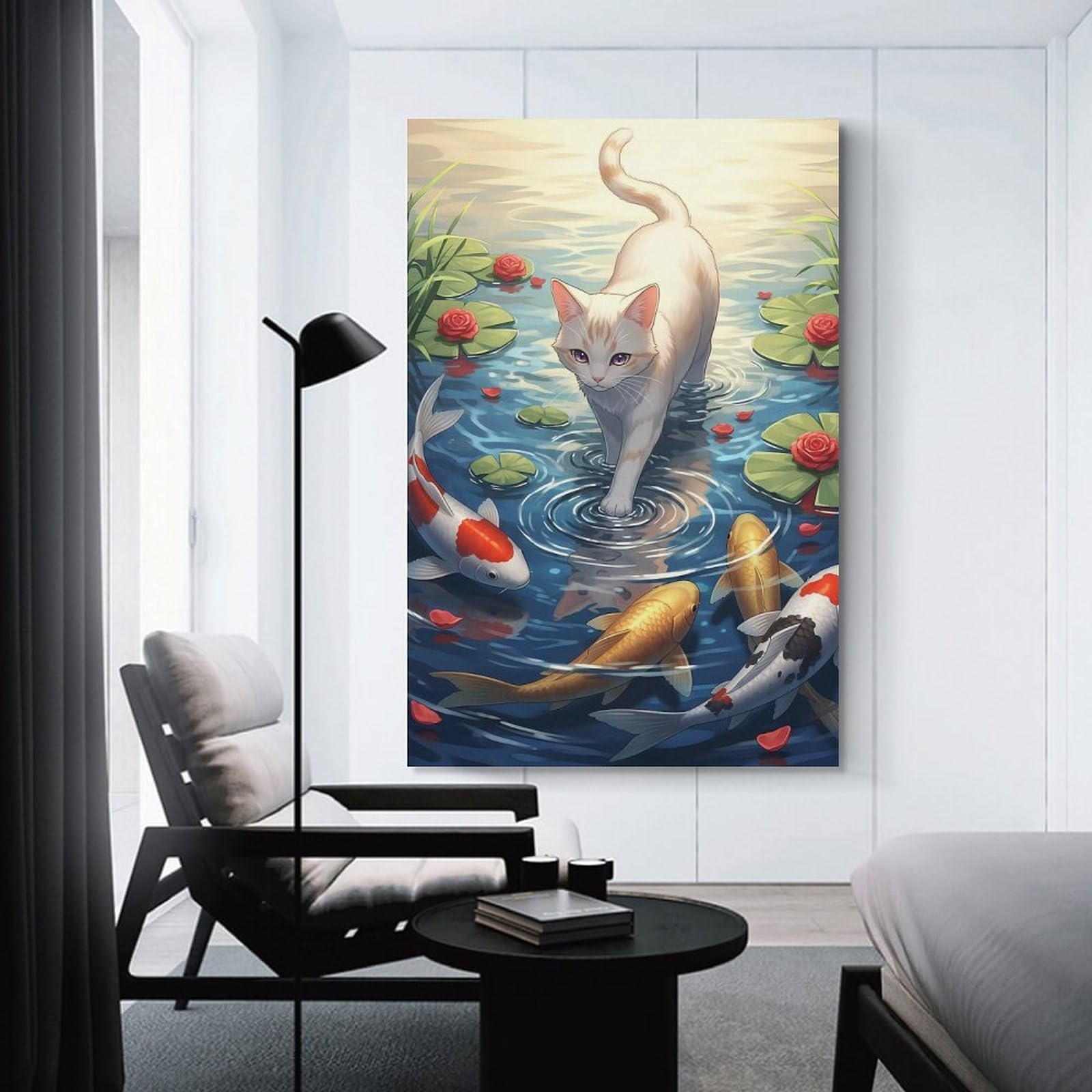 Junmoney Unframe-Style-5 Hanging Wall Art Cat And Koi Pond Serenity, 20X30inch(50X75cm), For Gallery Wall Layouts In Home Or Office, An Easy Match For Collected Prints