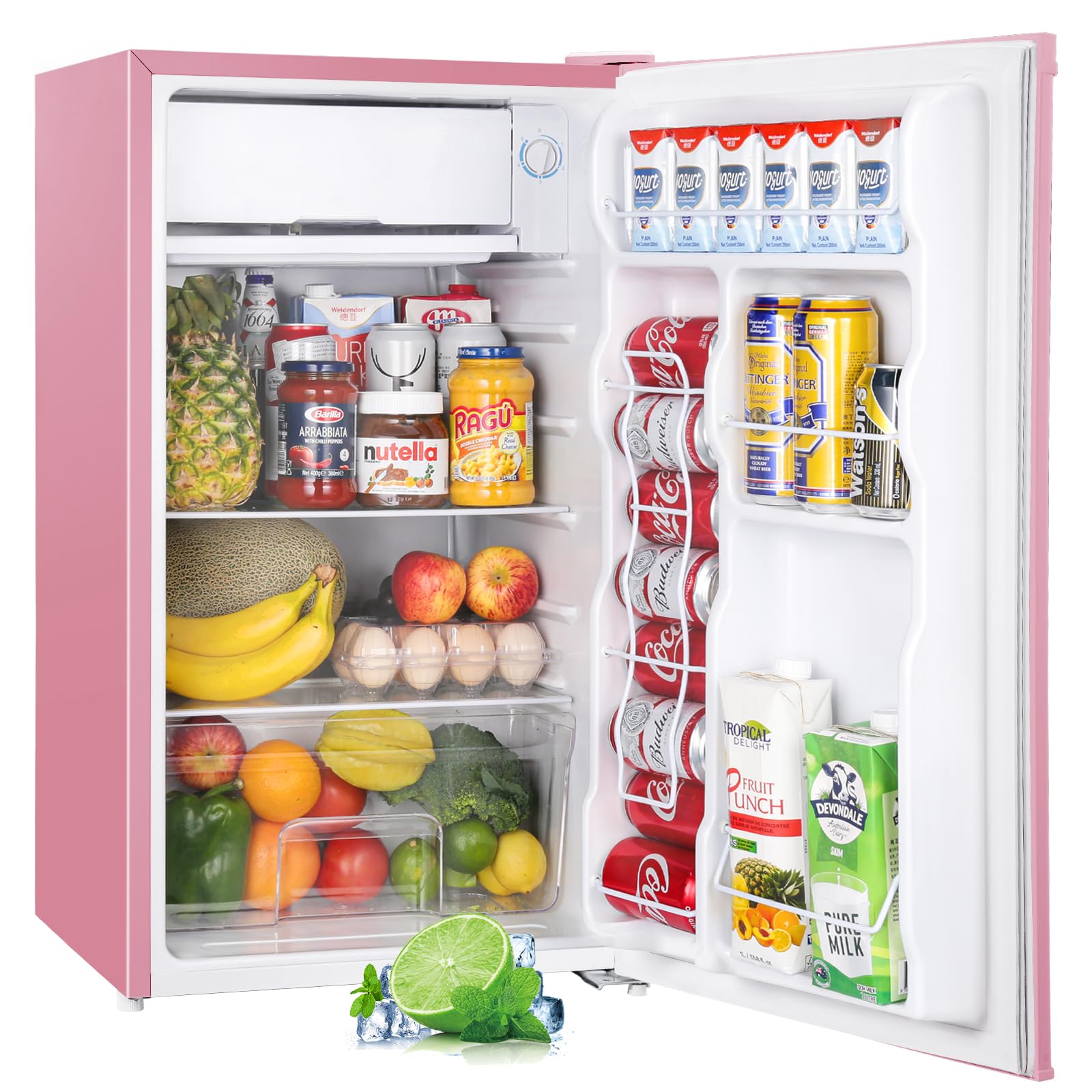 Upstreman 3.2 Cu.Ft Mini Fridge with Freezer, Single Door Mini Fridge, Dorm Fridge, Adjustable Thermostat, Mini Refrigerator for Bedroom, Office, Dorm, Pink-BR321
