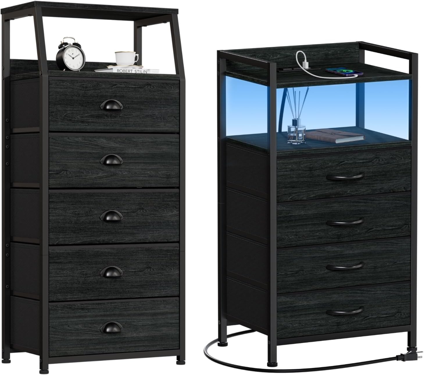Furnulem Black Dresser with 5 Drawers,4 Drawer Nightstand with Shelf, Tall Black Dresser for Bedroom with Led Light and Charging Station,