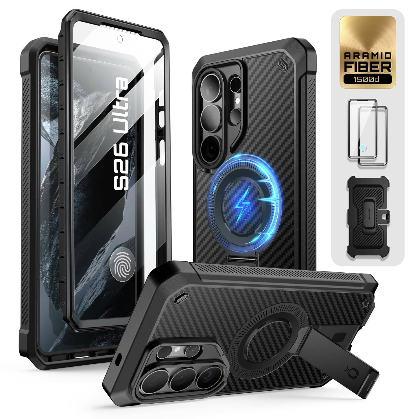 SUPCASE Cover per Samsung Galaxy S26 Ultra con Supporto, [2 Cornici Frontali] [Compatibile con Ricarica Wireless] [Proteggi schermo Integrato e Clip da Cintura] Custodia per S26 Ultra (Aramid)