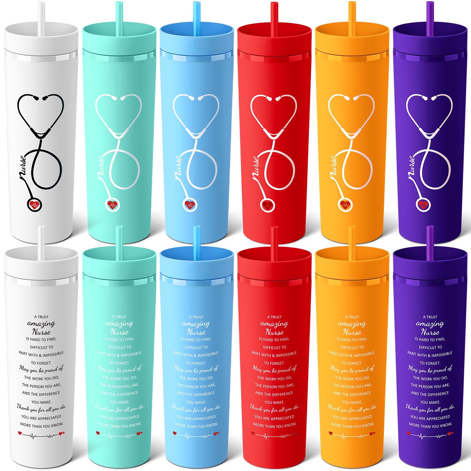 Skylety 6 Pcs Nurse Gifts for Women Plastic Skinny Tumblers with Lid Straw Bulk 16 oz Matte Colorful Double Wall Tumblers Nursing Appreciation Gift