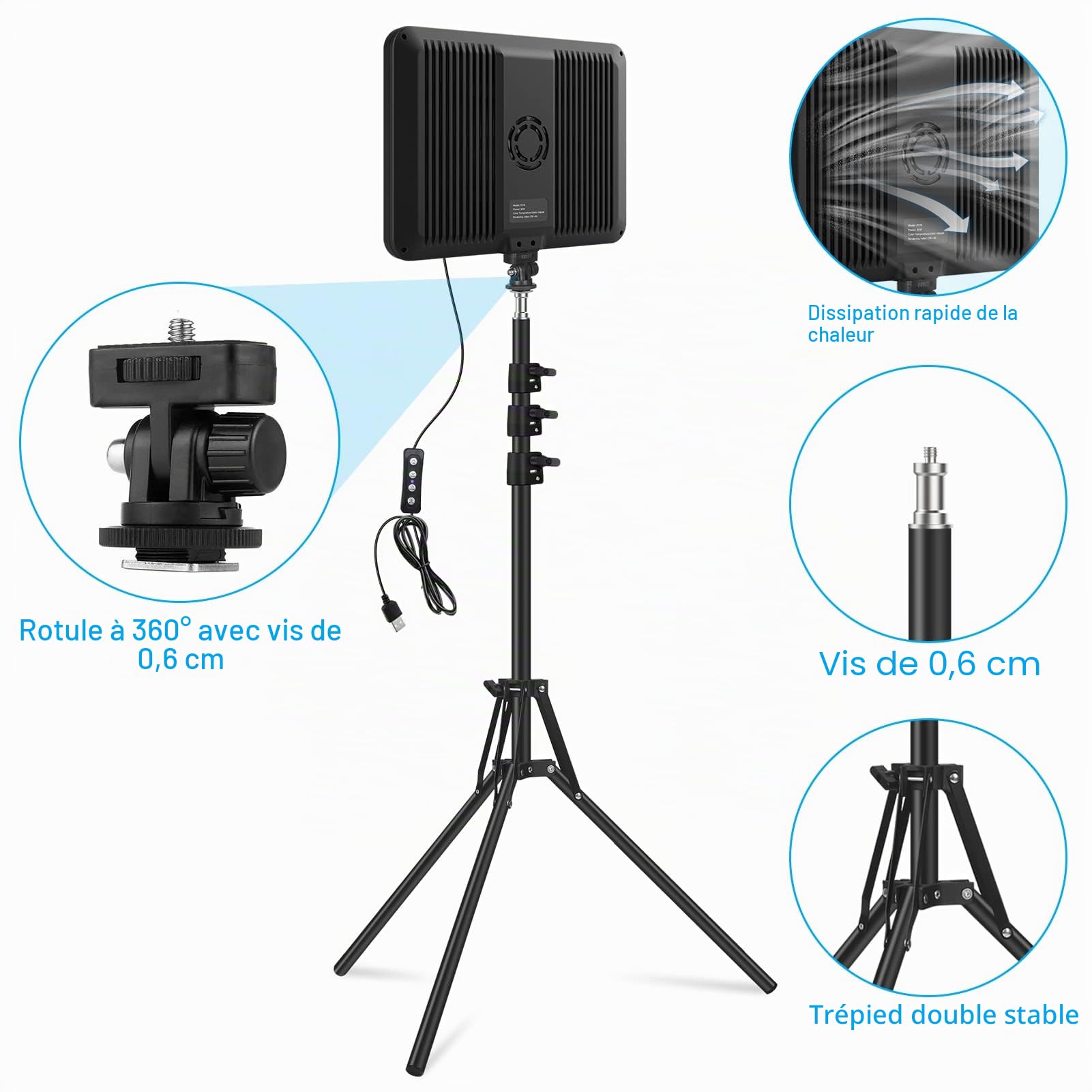 Obeamiu Lot de 2 lampes vidéo LED avec trépied de 160cm, éclairage de studio de photographie à intensité variable 2500-8500K pour l'enregistrement de portrait de collection/diffusion de jeux en direct