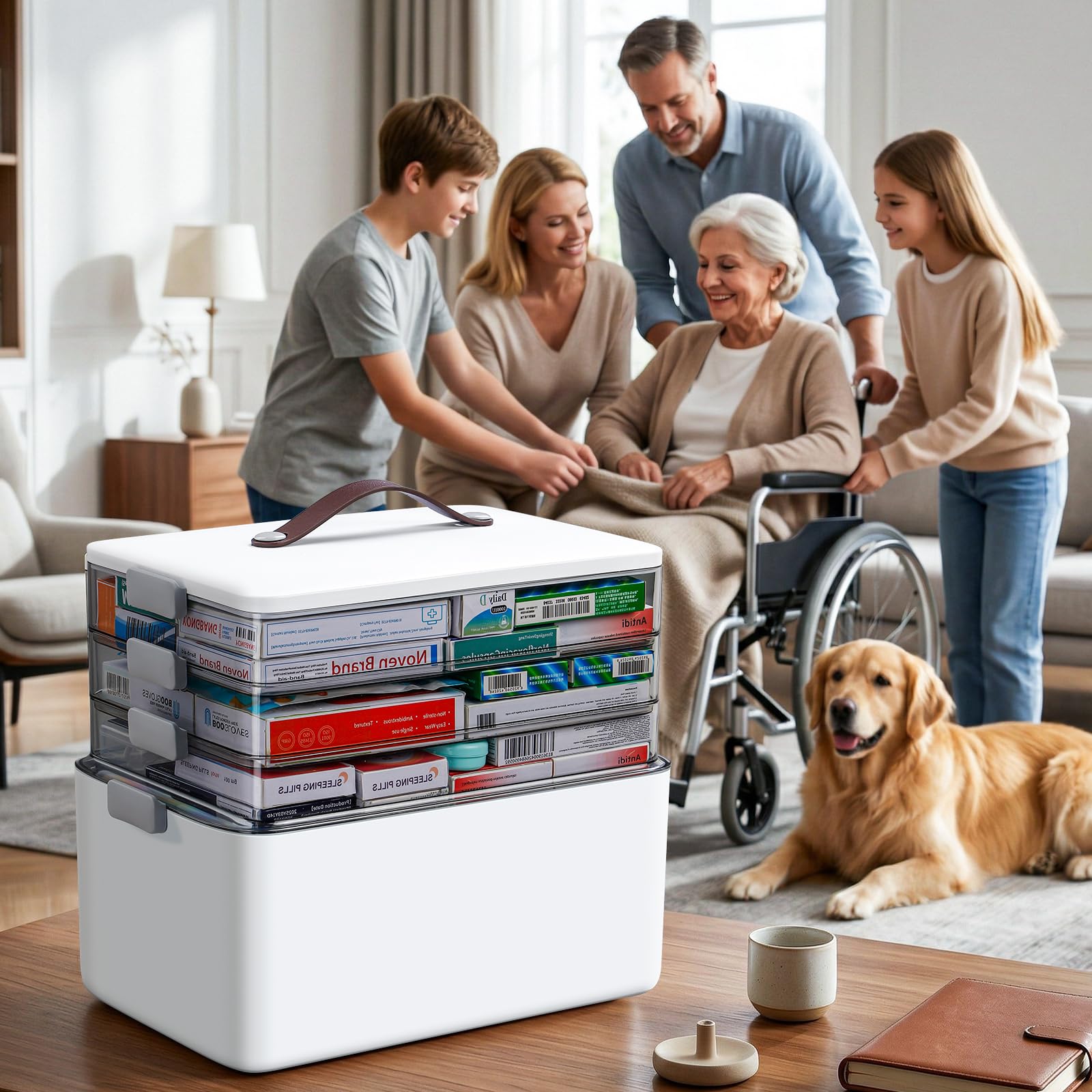 IMHO Caja organizadora de medicamentos de 4 niveles, organizador portátil con mango de piel, estuche de almacenamiento para hogar, hobby, accesorios de costura y suministros de manualidades