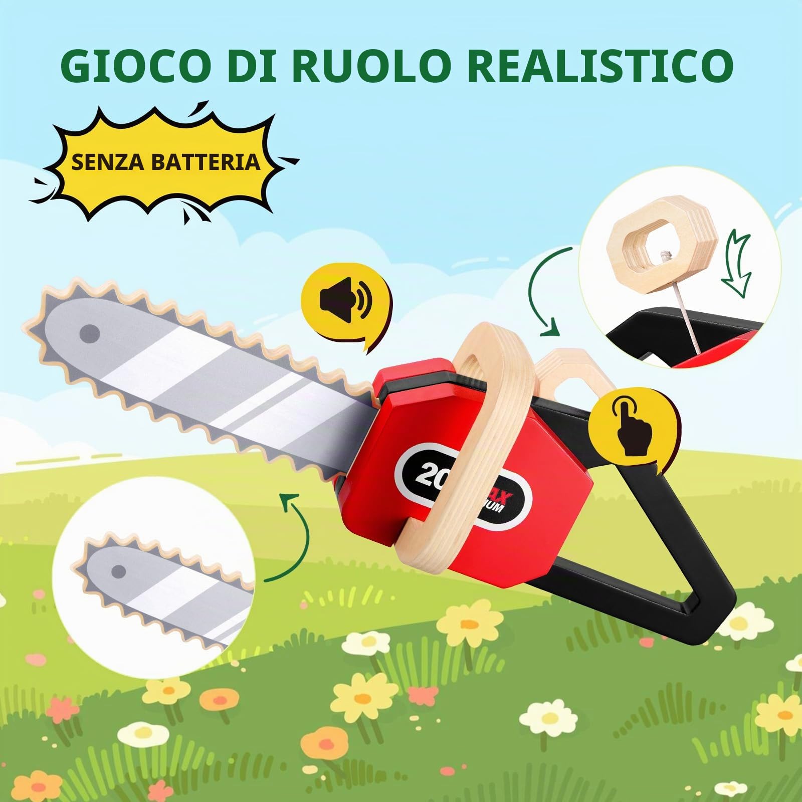 GAGAKU Motosega giocattolo in legno per bambini dai 2 anni in su. Valigetta degli attrezzi per bambini, in alternativa, con funzione audio, giocattolo educativo per giochi di ruolo all'aperto