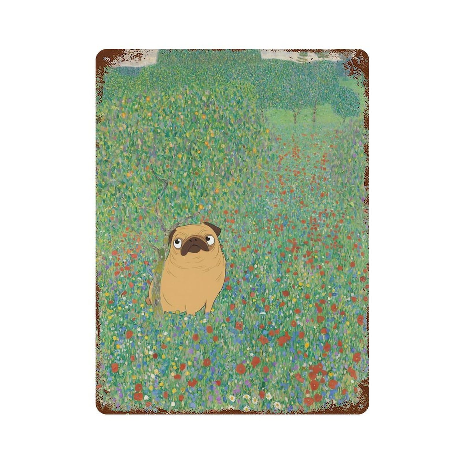 Klimt Poppies Pug Flowers 15.7"x11.8" Vintage Rust Metal Sign, Novelty Wall Decor for Living Room, Hallway And Home Decor