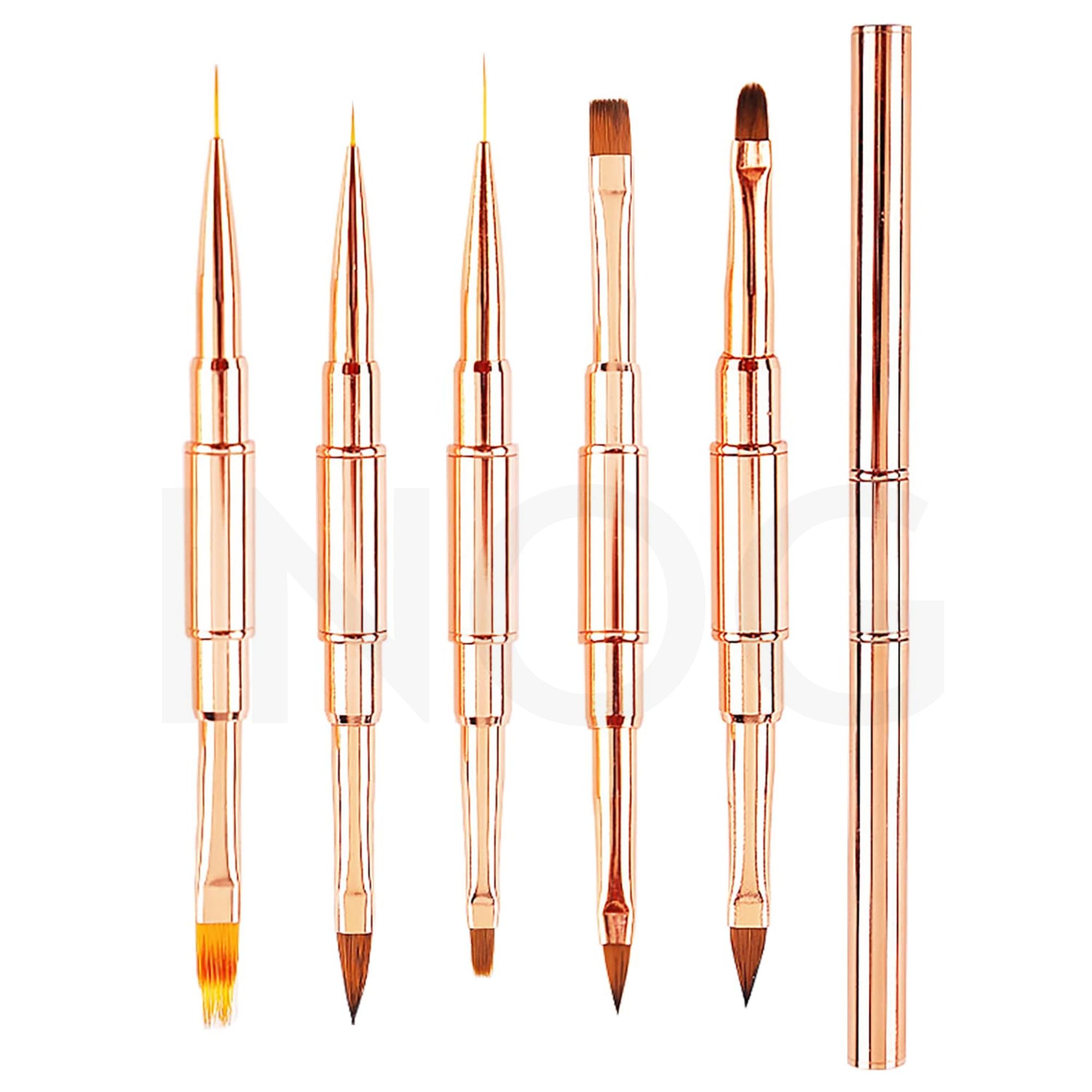 INOG 5pcs Rose Gold Alloy Double-Ended Nail Art Brushes Set Nail Lace Brushes Round Flat Gel Builder Brush Nail Carving Pen Nail Liner Brush 3D Painting Brush Nail Design Tools for Acrylic Nails-image-34