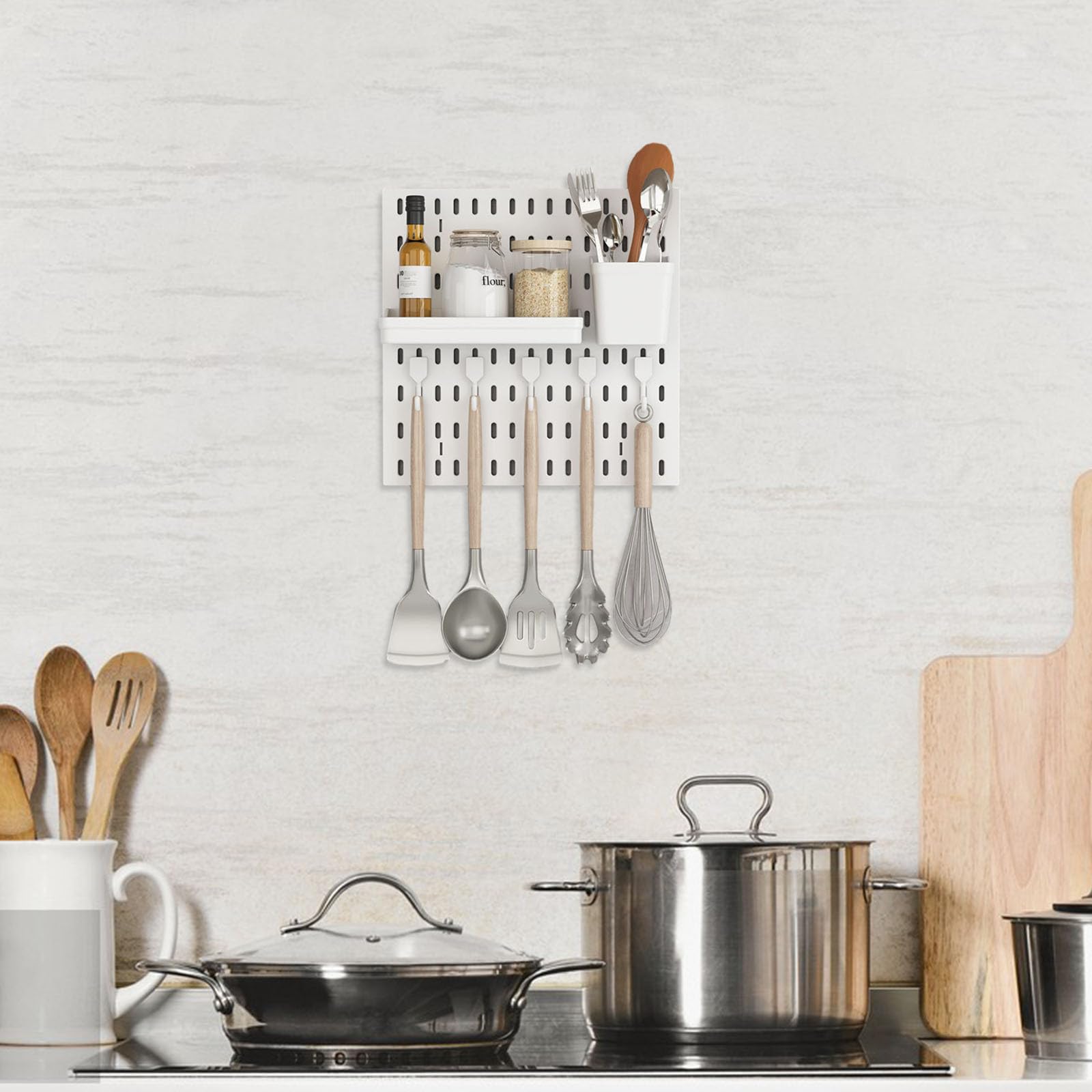NOLITOY Set Pannelli Forati da Parete senza Foratura, Organizer Cucina e Bagno in Plastica Resistente Bianco, Espositore Multifunzione per Utensili e Accessori Casa