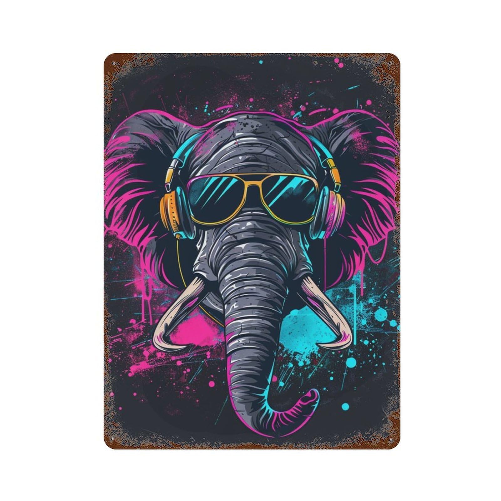 Neon Elephant Headphones Art Print 15.7"x11.8" Distressed Metal Wall Sign, Shabby Chic Decor for Shed, Workshop And Garage Wall Decor
