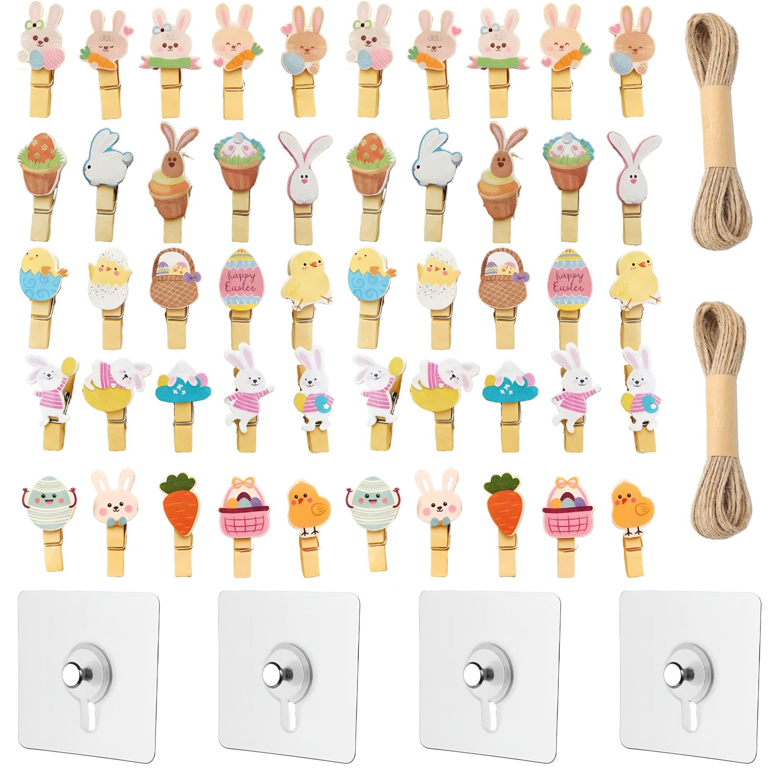 LEOINAER 50 Mini Holzklammern für Ostern – 2x10m Schnur, 4X Lochfreie Schraubenaufkleber, Bunte Deko für Fotos, Notizen, Osterparty, niedliche Hasen- und Eiermuster – ideal für Dekoration