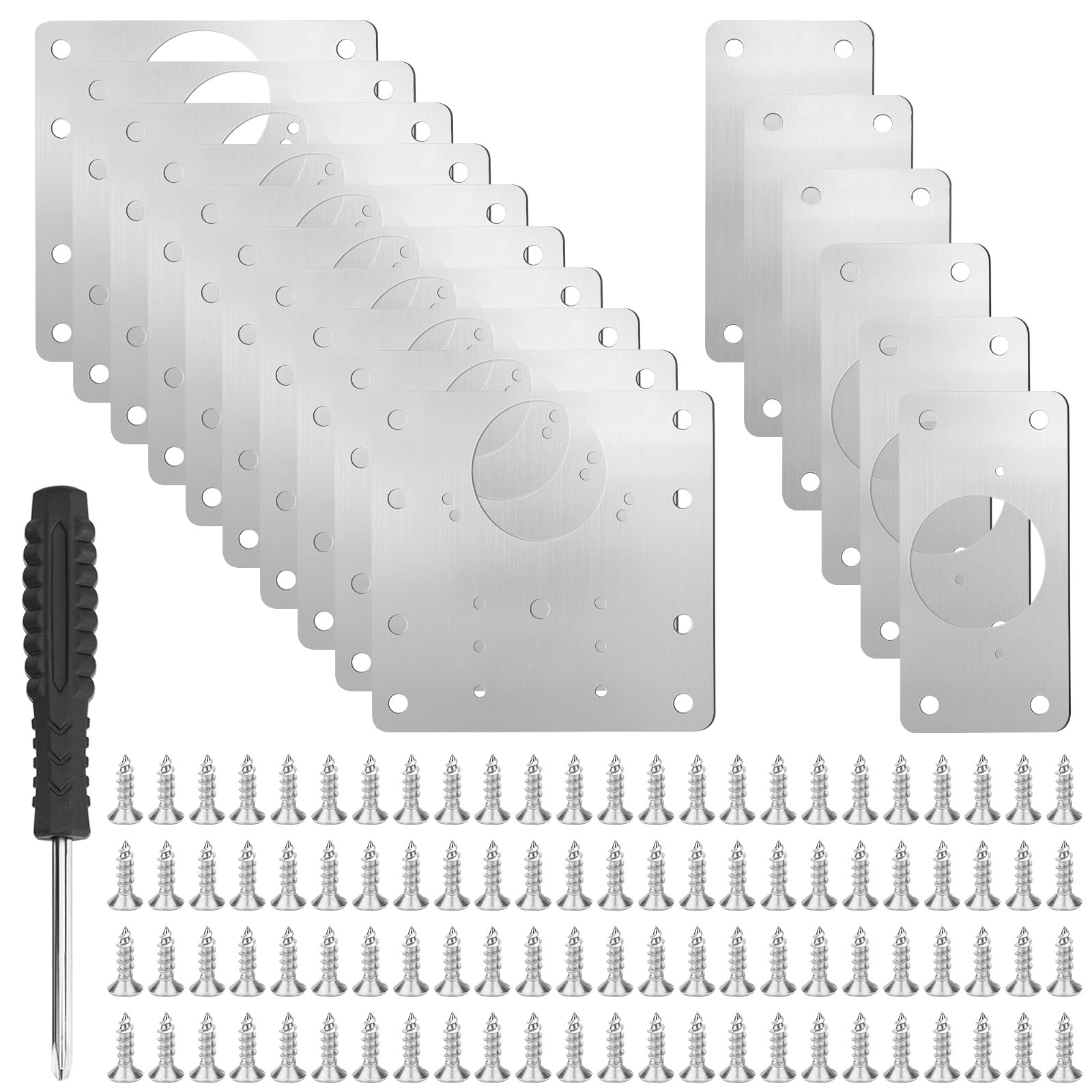 CYLBAQ 16PCS Cabinet Hinge Repair Plates – Stainless Steel Hinge Repair Brackets with 96PCS Screws & Screwdriver, for Loose & Stripped Kitchen Cupboard Door Hinges