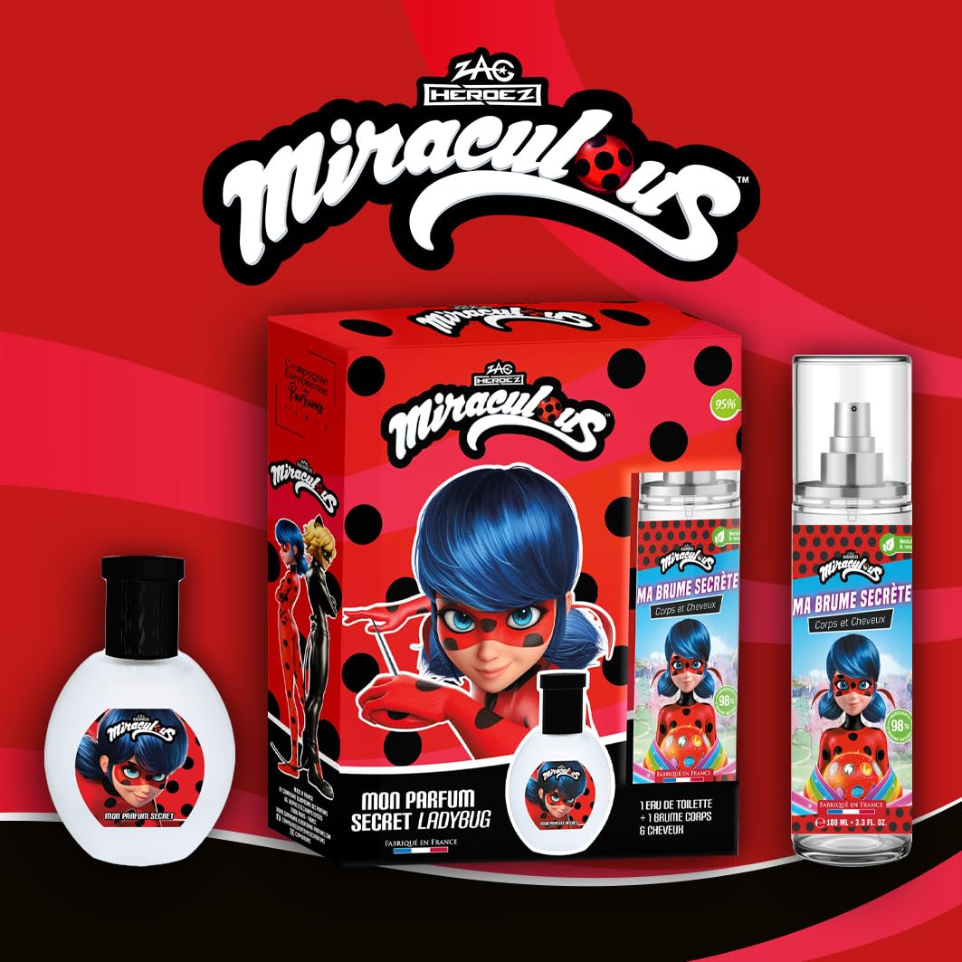 MIRACULOUS Biedronka Zestaw perfum dla dzieci dziewczynki woda toaletowa 30 ml + 1 perfumowana mgiełka 100 ml owocowo-kwiatowy zapach Wyprodukowano we Francji