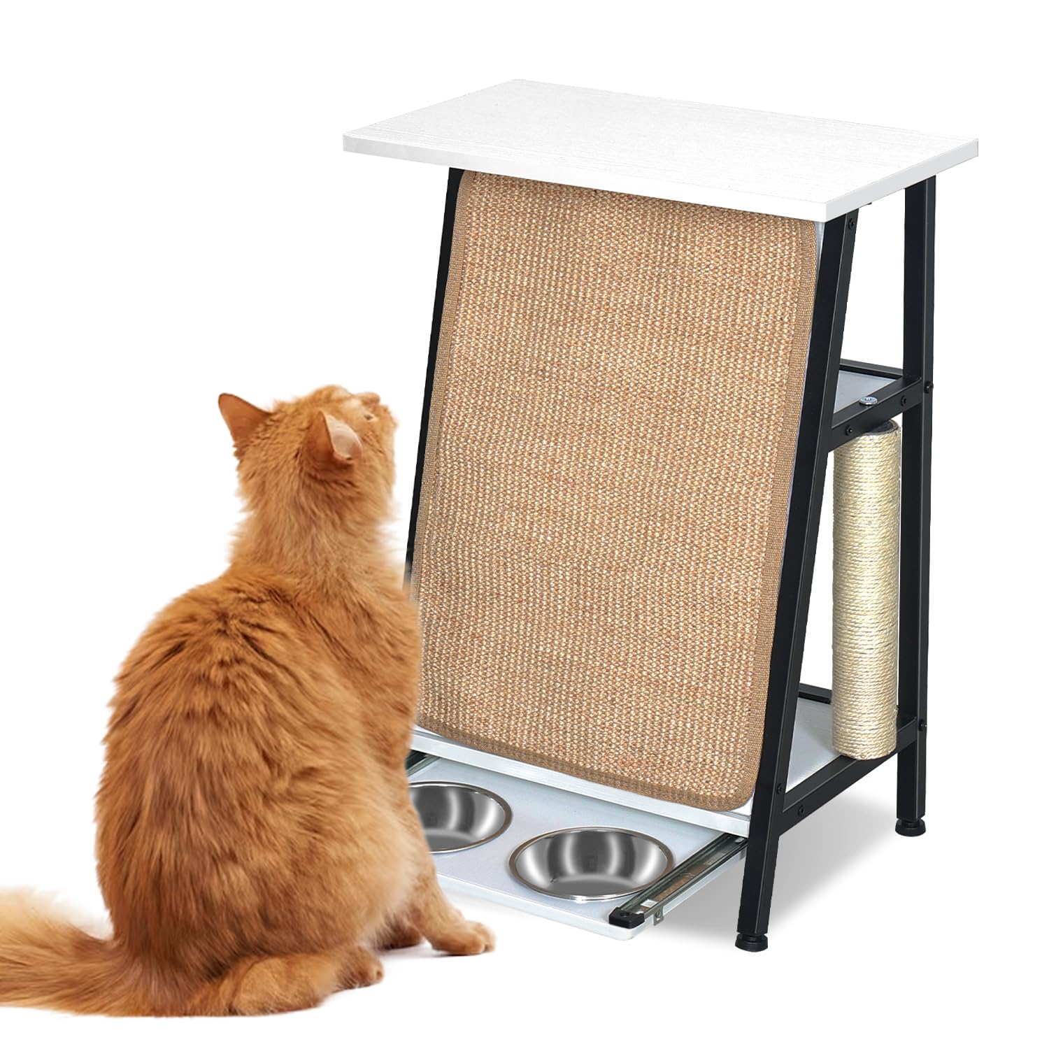 Multi-Functional Cat Furniture: Sofa End Table with Cat Bowl Feeding Station, Scratching Post, and Scratching Pad