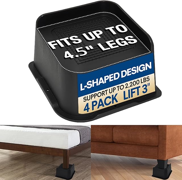 aspeike 3 inch Bed Furniture Risers, 7.5 cm Heavy Duty Bed Raising Blocks-1100 lbs / 500 kg Capacity Large L-Shape Sturdy & Durable for Tables, Couches, Sofas 4 Pcs Bed Raisers for Extra Storage Space