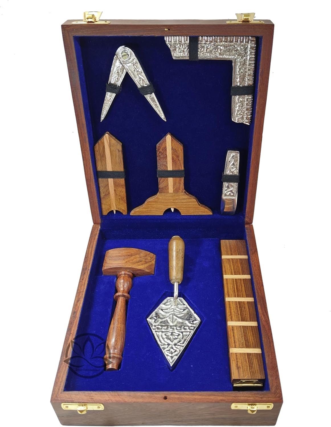 Masonic Toolset Wooden Premium Handcrafted Masonry Tools Trowel Gavel Square Compass and Level Ruler Set with Wooden Box Wooden Gavel and Trowel (Medium)