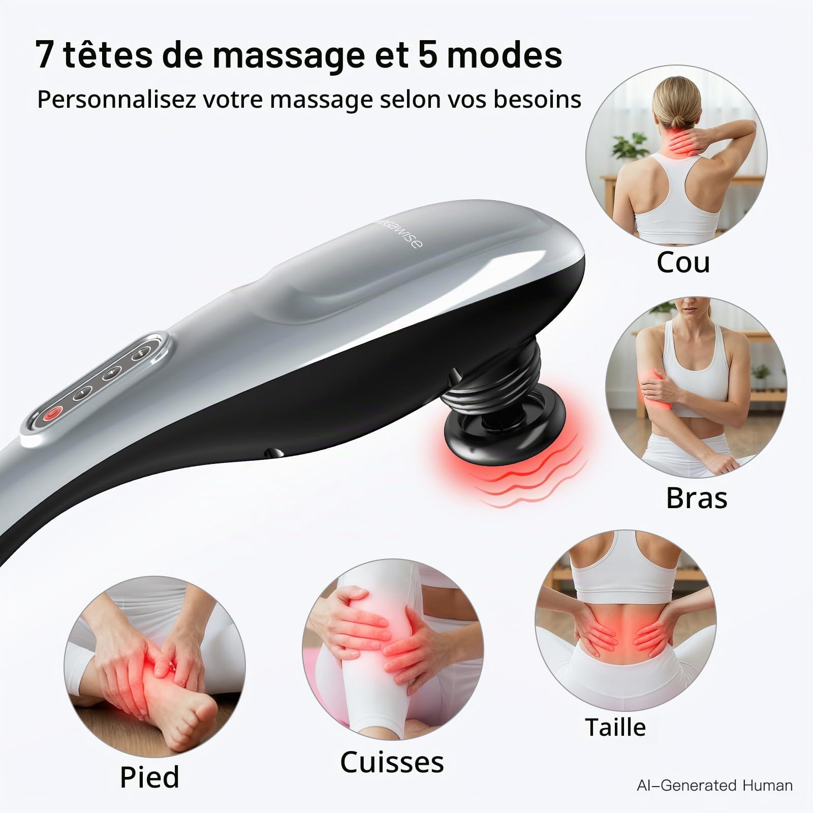 Masseur de cou de tissu profond portatif pour les épaules, la taille, les jambes, masseur de cou électrique de 3600 RPM avec 5 noeuds et 5 vitesses, soulagement de muscle de noeud, poids léger