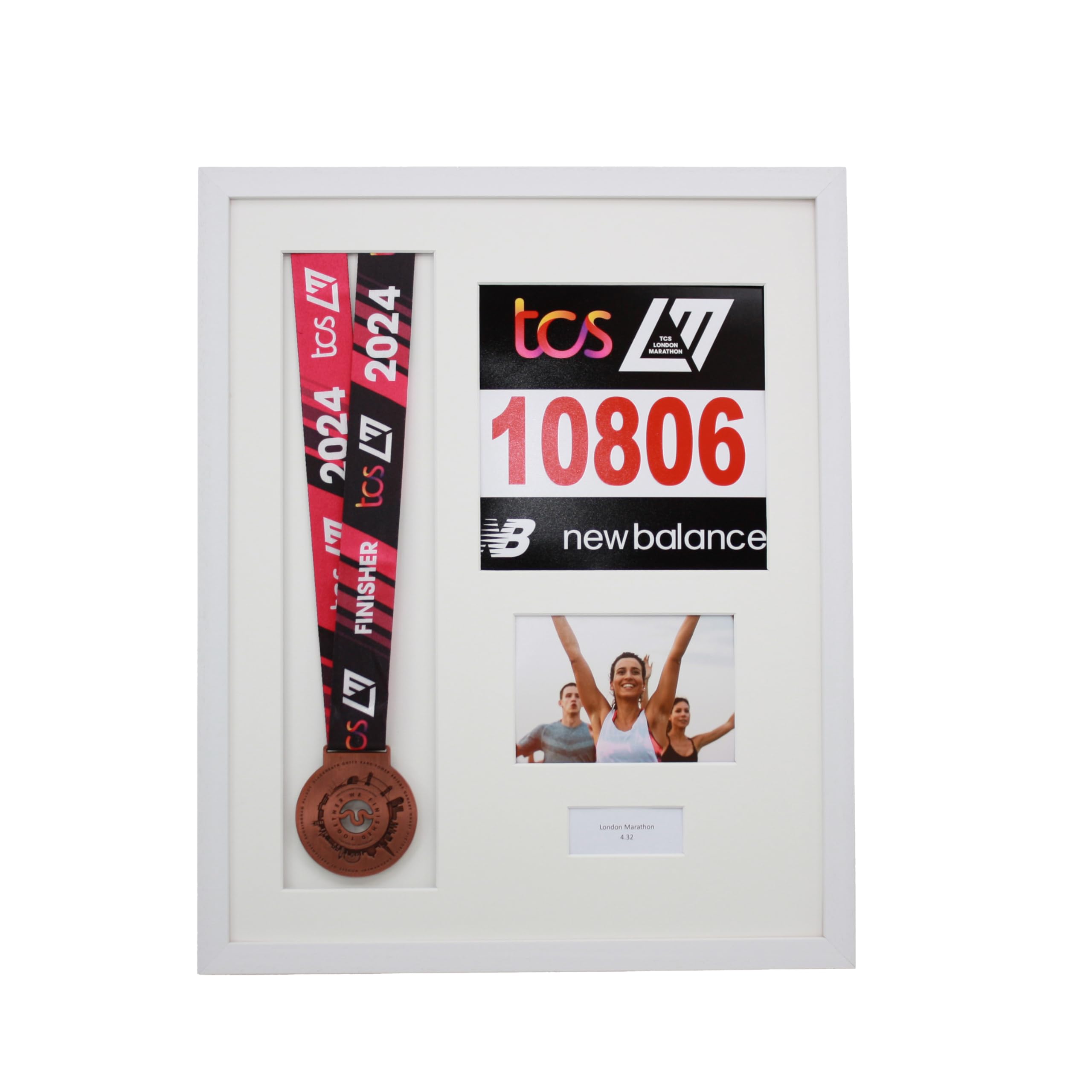 Personalised Medal display Frame with Apertures for Medal, Race Bib, 6x4 Landscape Photo and Text. London Marathon 2025 | 2024 | Marathon Medal | (White Frame)
