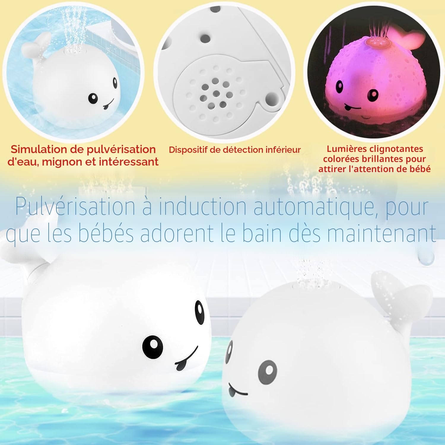 Jouet de bain pour bébé, baleine à jet avec LED - pour enfants et tout-petits (blanc)