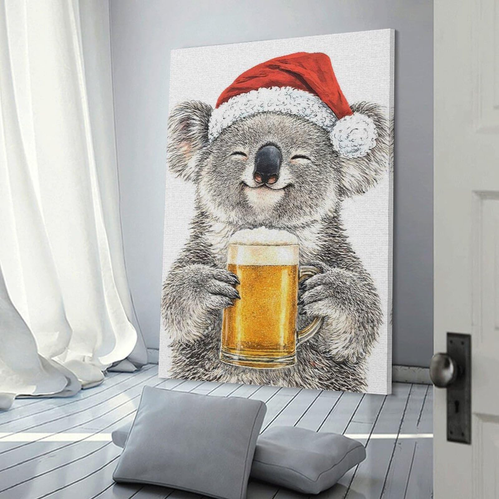 Junmoney Frame-Style-7-1 Canvas Wall Decor Koala In Santa Hat With Beer, 12X18inch(30X45cm), For Living Room, Bedroom, Office Or Hallway, Decorative Artwork With Broad Appeal