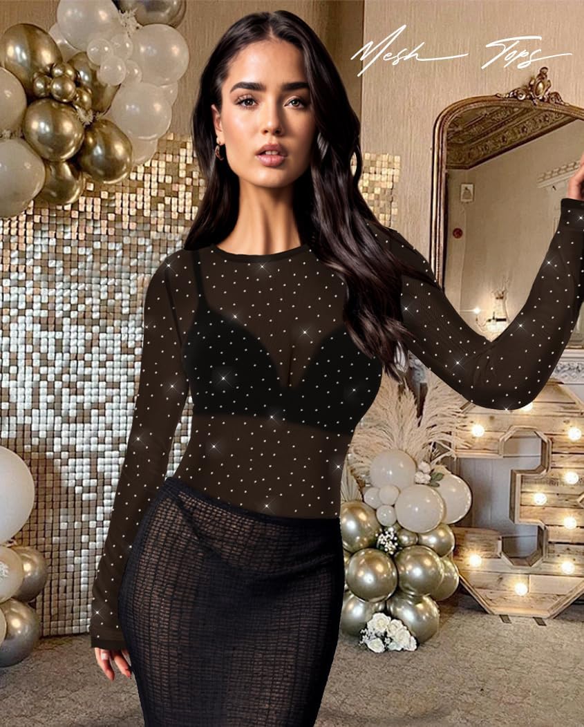 Women's Mesh Tops Sheer Long Sleeve Tee Shirts Bodycon See Through Blouse Clubwear - Image 3