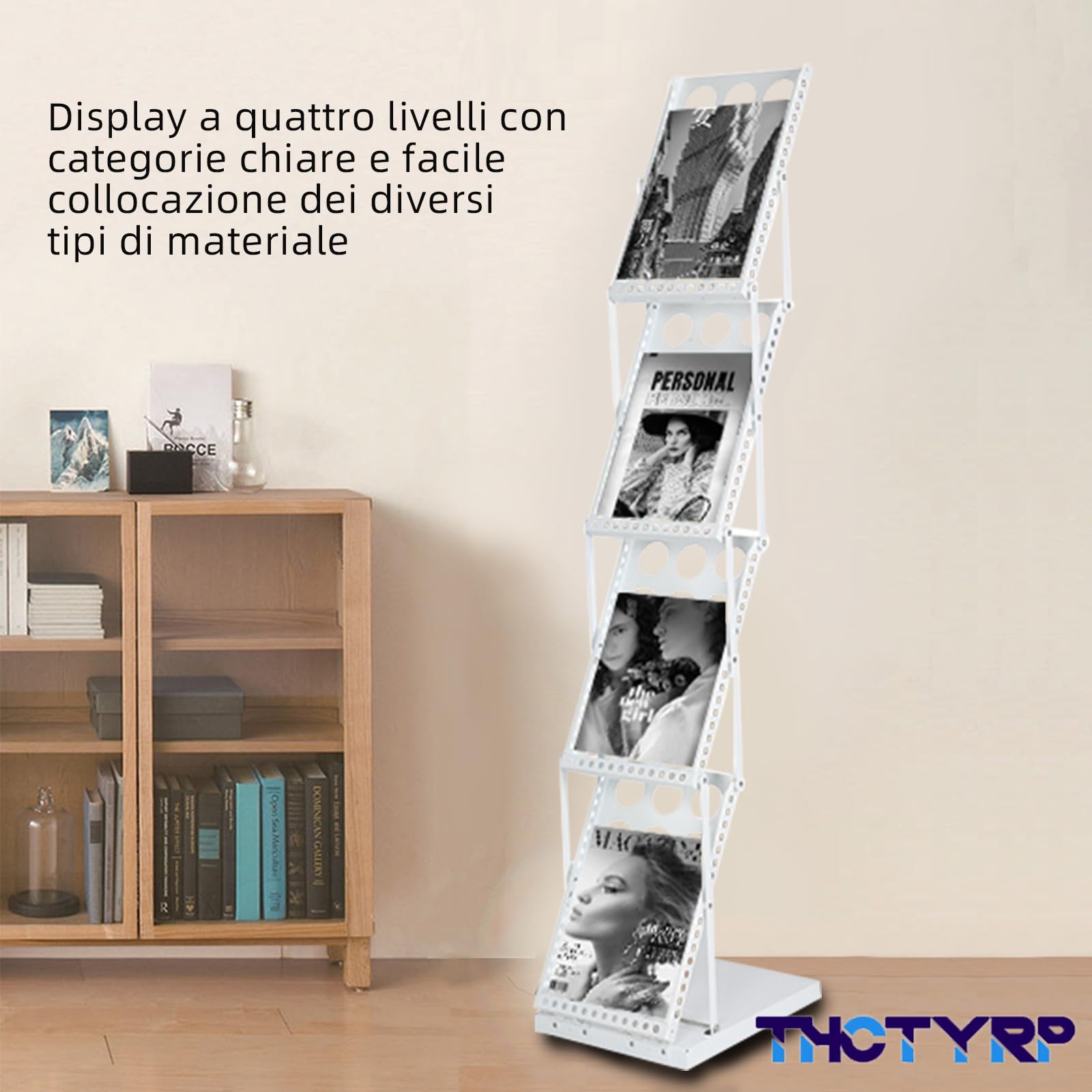 Supporto per catalogo, portariviste pieghevole a 4 strati, formato A4, supporto per brochure su un lato, supporto verticale per riviste alla moda