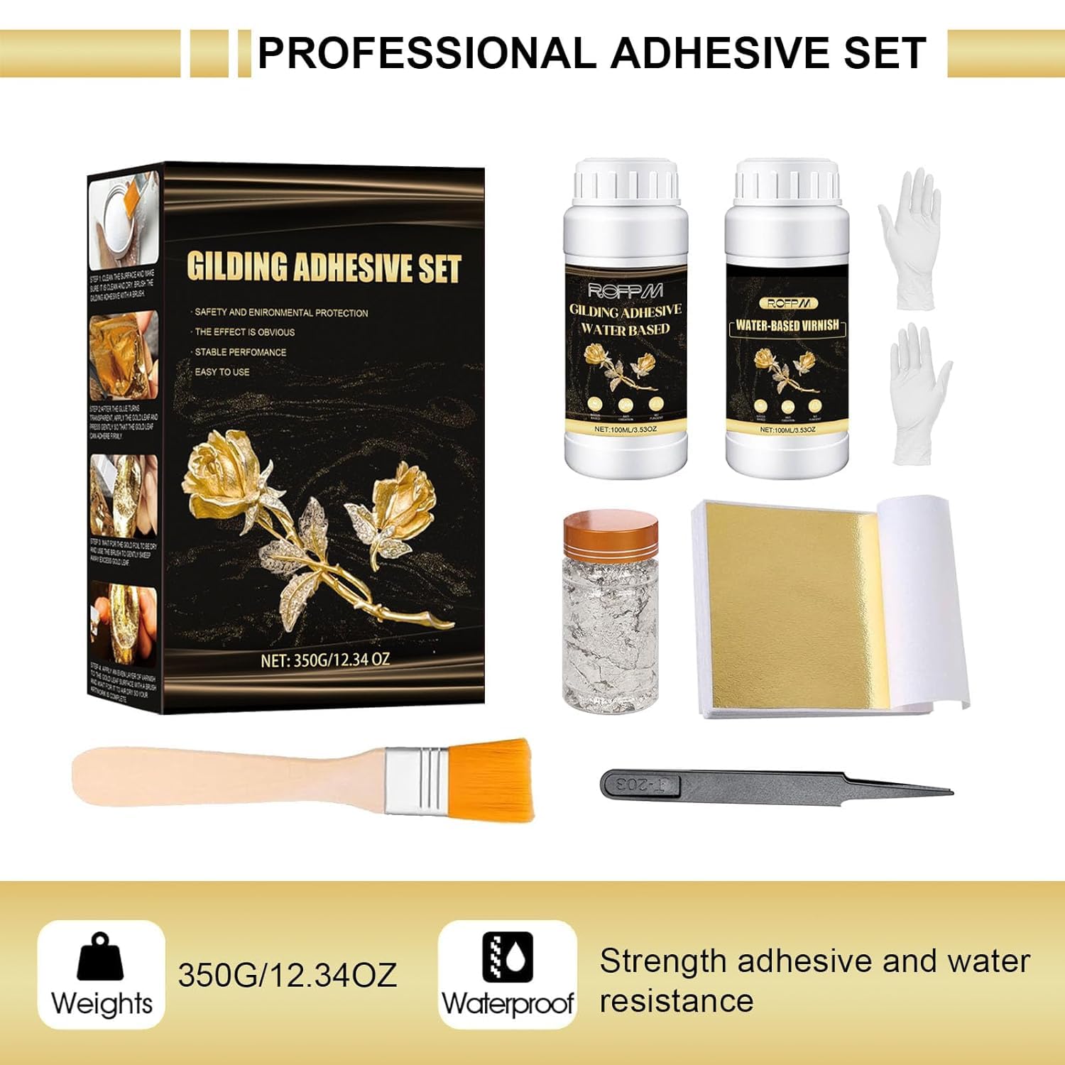 Kit de Dorure à la Feuille d'Or, 100 Feuilles d'Or 100ml Colle à Base d'Eau 100ml Vernis Protecteur 1 Pinceau, Idéal pour Art, Artisanat, Peinture, Meubles & Décoration Professionnelle