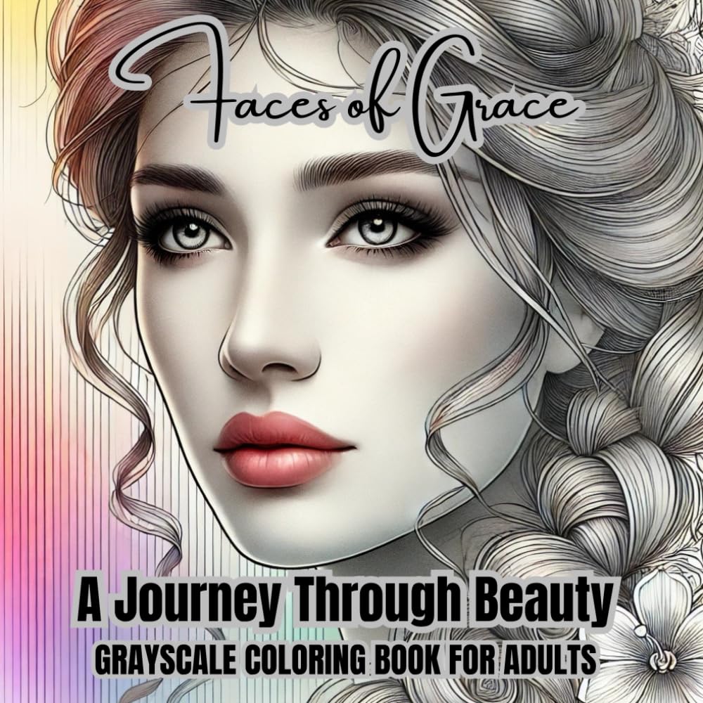 Faces of Grace: A Journey Through Beauty, an Adult Grayscale Coloring Book featuring 50 detailed close-up portraits of women with soft, graceful ... serene and introspective coloring experience