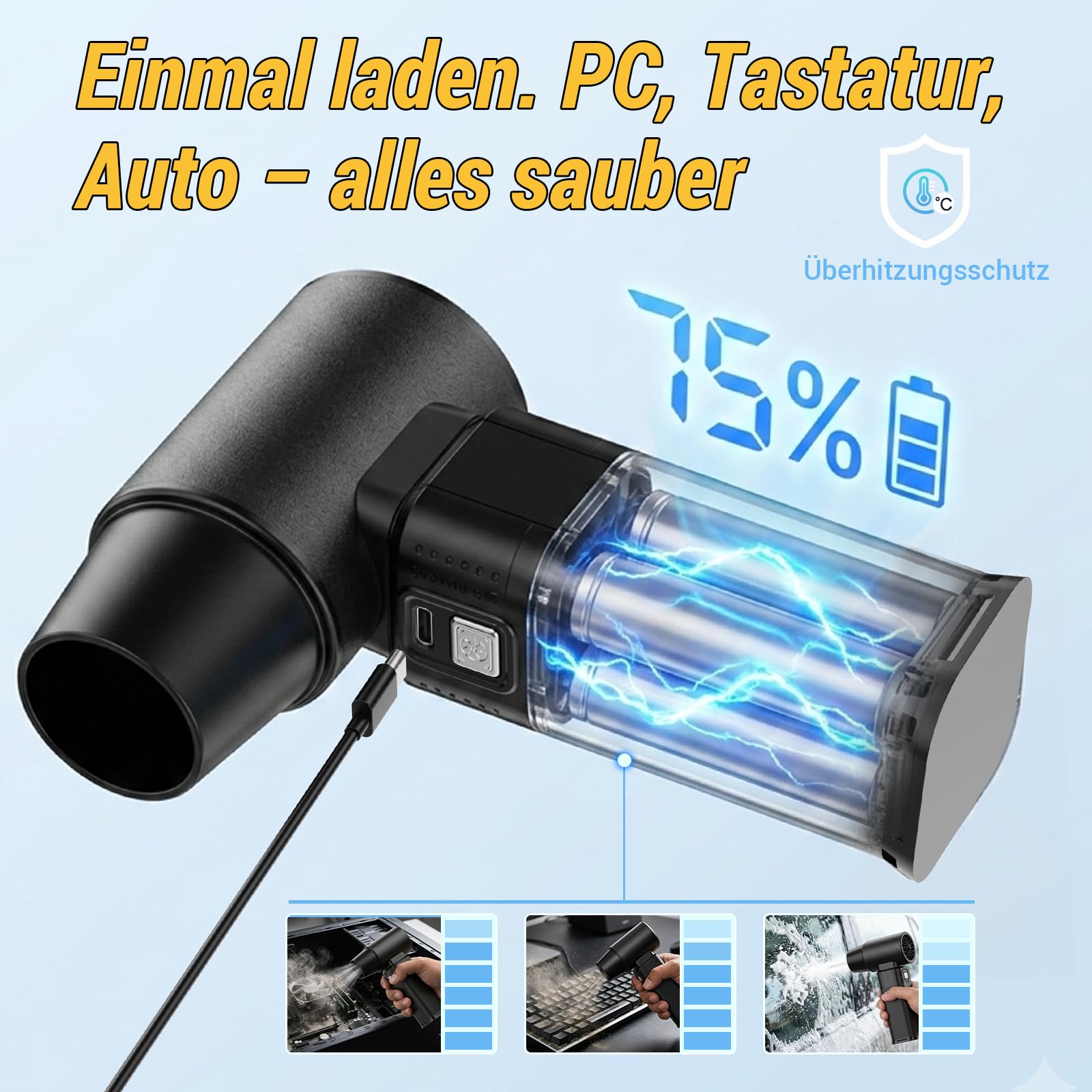 Elektrische Staubgebläse, 130000RMP Electric Air Duster(Pro Max Edition) | 65 m/s Windgeschwindigkeit /Doppelte Akku-Kapazität (16.000 mAh)/Premium Alu-Kühlkörper (kein Überhitzen)/4-Gang Turbo-Modus