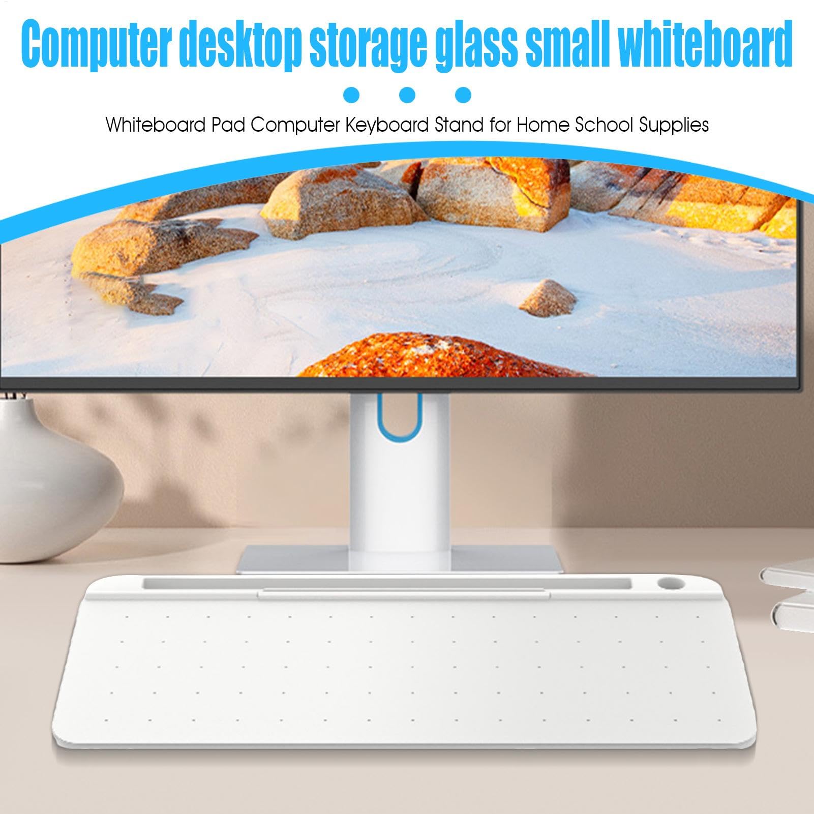 Lavagna bianca da scrivania, piccola lavagna cancellabile a secco, in vetro, con cassetto, supporto per tastiera del computer per attività, appunti e appuntamenti, materiale scolastico | Organizer da scrivania con 3 pennarelli, supporto per tastiera per c