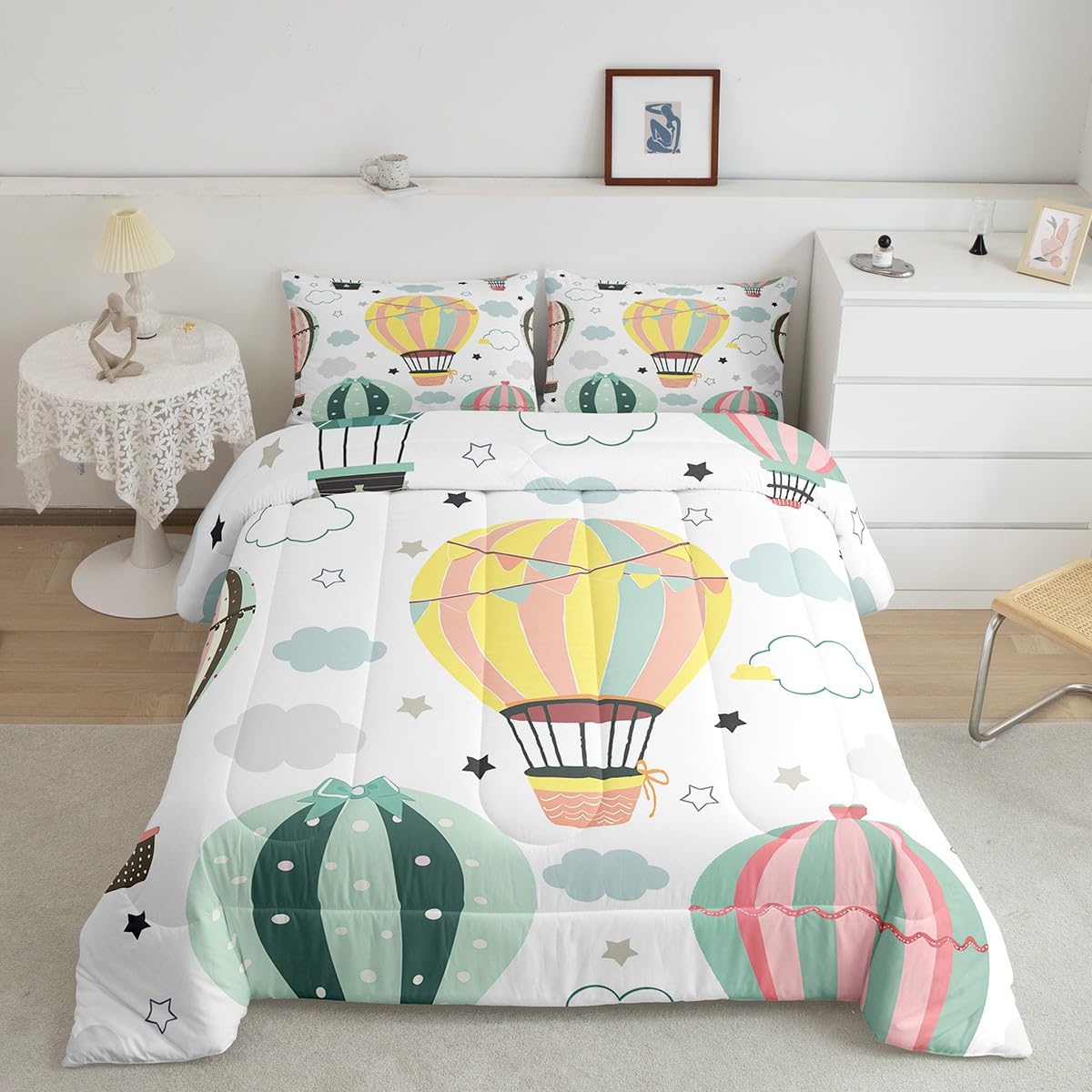 Castle Fairy Hot Air Balloon Full Size Comforter Set Star and Cloud Bedding Set for Kids Adults Teens Starry Sky Comforter Luxury Colorful Hot Air
